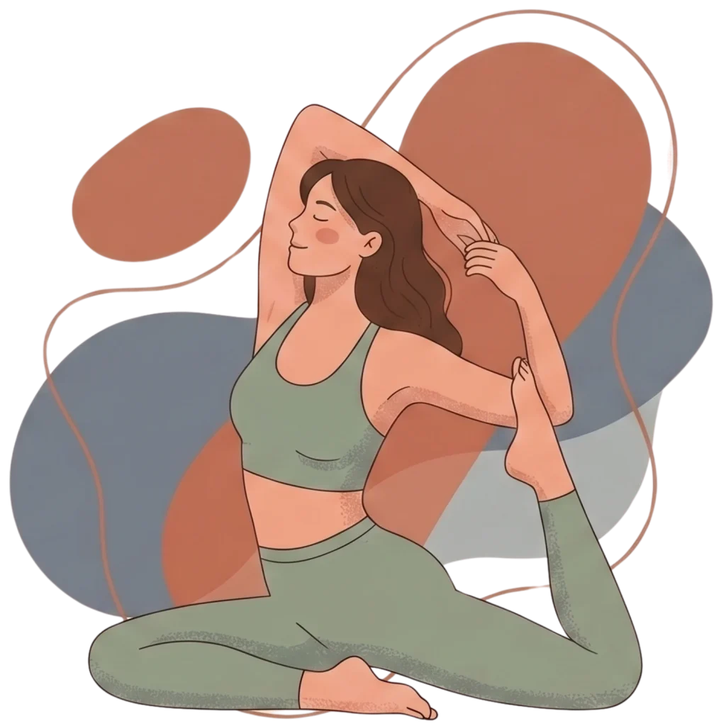 Minimalist illustration of a woman in a green yoga outfit practicing a pigeon pose against an abstract background of earth-toned shapes.