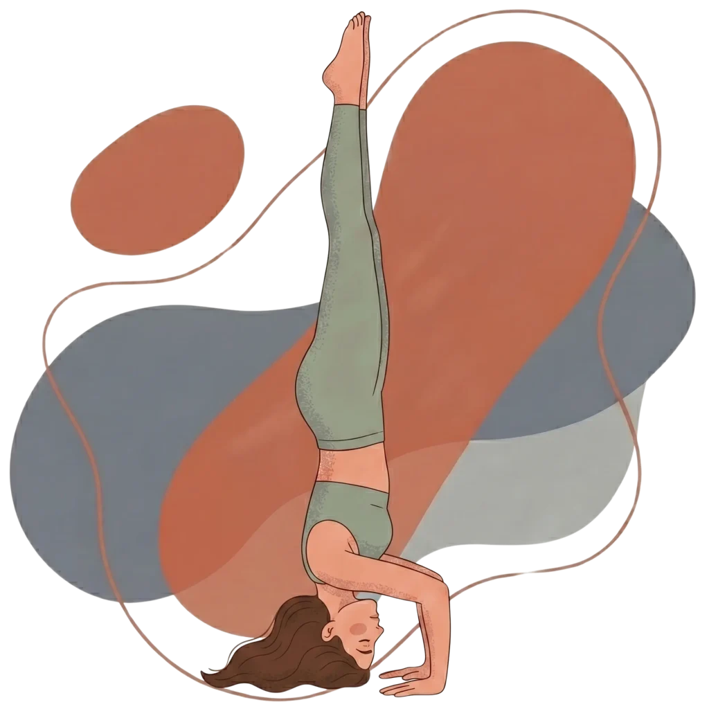 Minimalist illustration of a woman in a sage green yoga set practicing a forearm stand (Pincha Mayurasana) against an abstract, earth-toned background of terracotta and grey shapes.