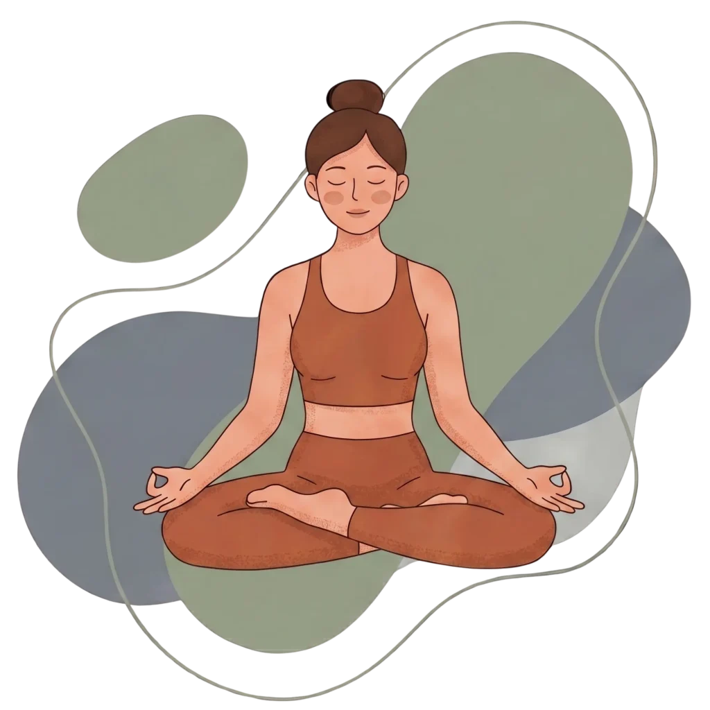 Minimalist illustration of a woman in a brown yoga set practicing seated meditation in Lotus pose against an abstract background of muted green and grey shapes.