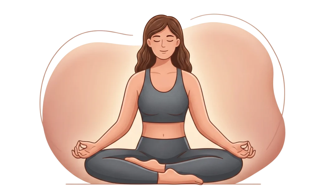 Minimalist illustration of a woman in a charcoal grey yoga set practicing seated meditation in Lotus pose against a soft, earth-toned abstract background.
