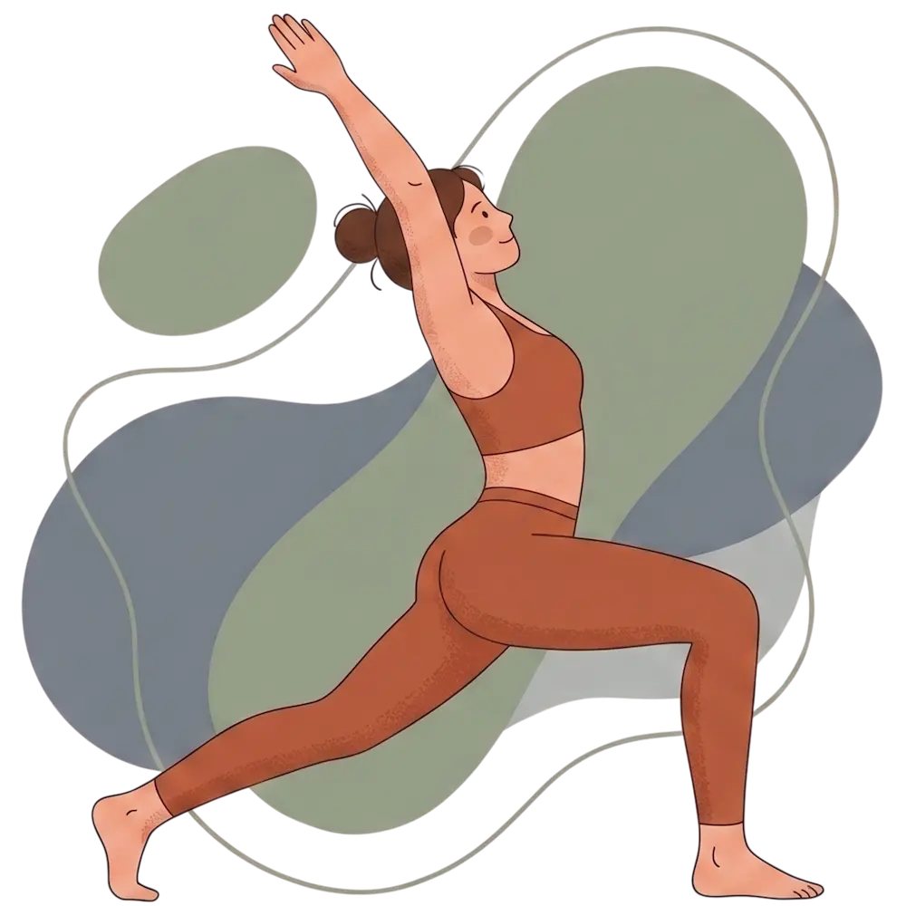 Minimalist illustration of a woman in brown activewear practicing High Lunge yoga pose (Anjaneyasana) against abstract green and blue shapes.