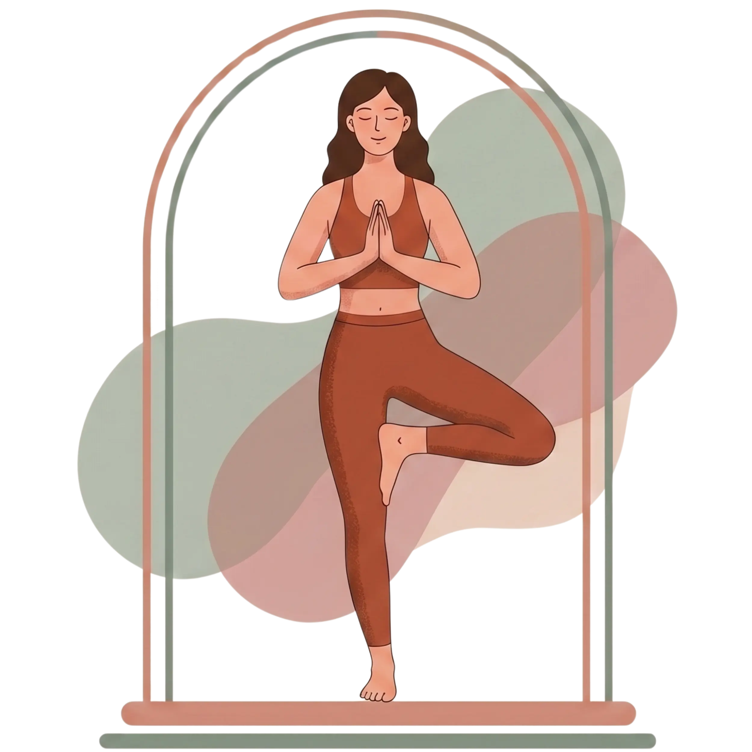 Minimalist illustration of a woman in a terracotta yoga set practicing Tree pose (Vrksasana) framed by a double arch, set against an abstract background of muted green and earth-toned shapes.