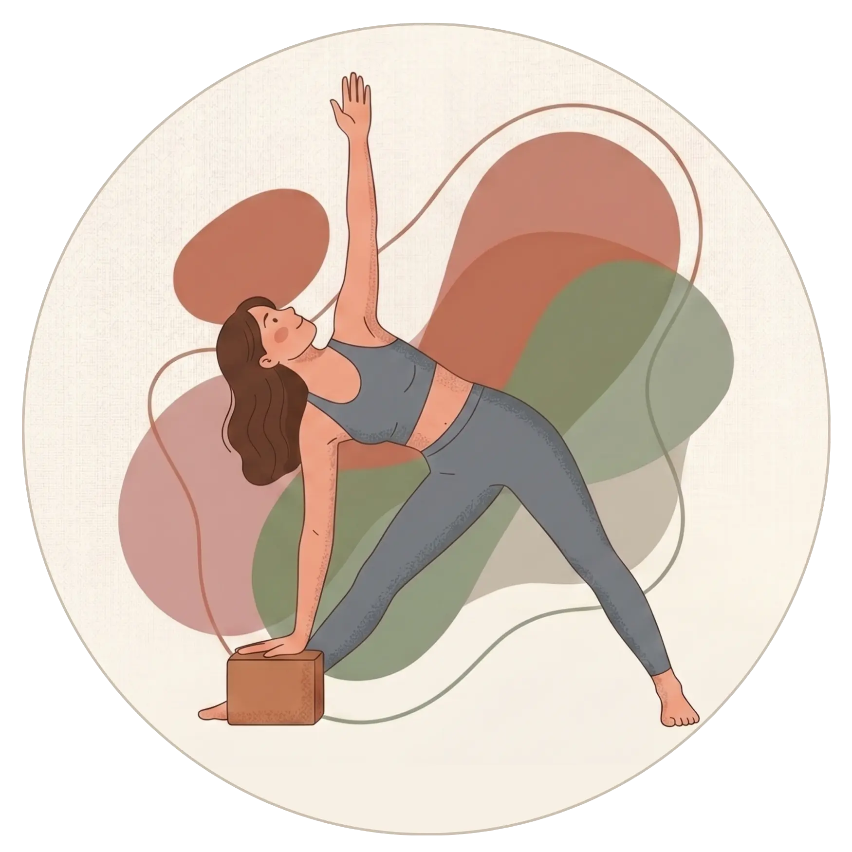 Minimalist illustration of a woman in a grey yoga set practicing Triangle pose (Trikonasana) with a yoga block, set against an abstract background of earth-toned and green shapes.