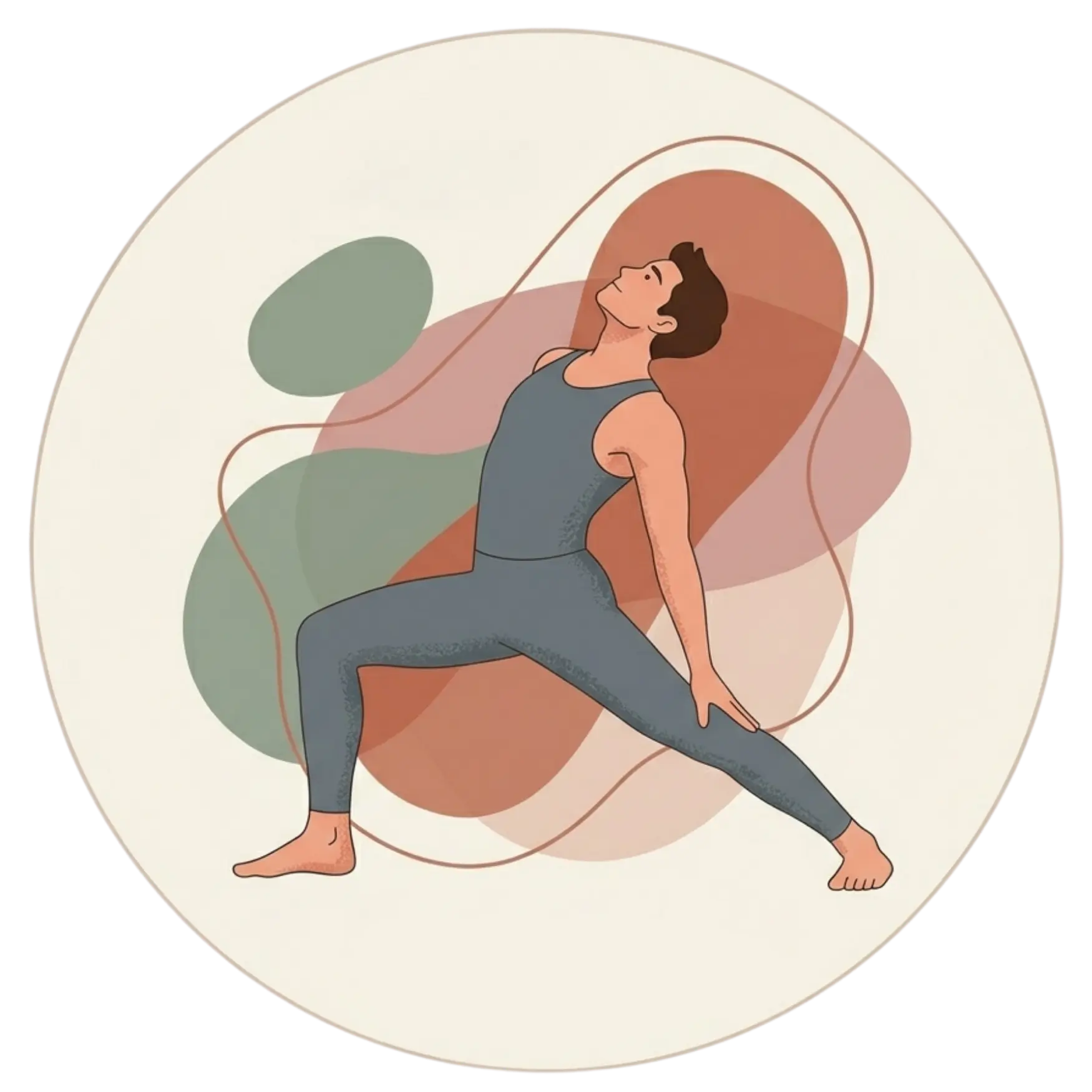 Minimalist illustration of a man in a grey yoga set practicing Reverse Warrior pose (Viparita Virabhadrasana) against an abstract background of earth-toned and green shapes.