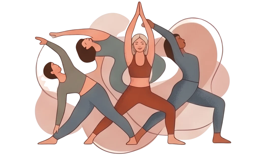 Minimalist illustration of a diverse group of four women practicing different yoga poses, including Triangle and Goddess pose, against a layered background of earth-toned abstract shapes.