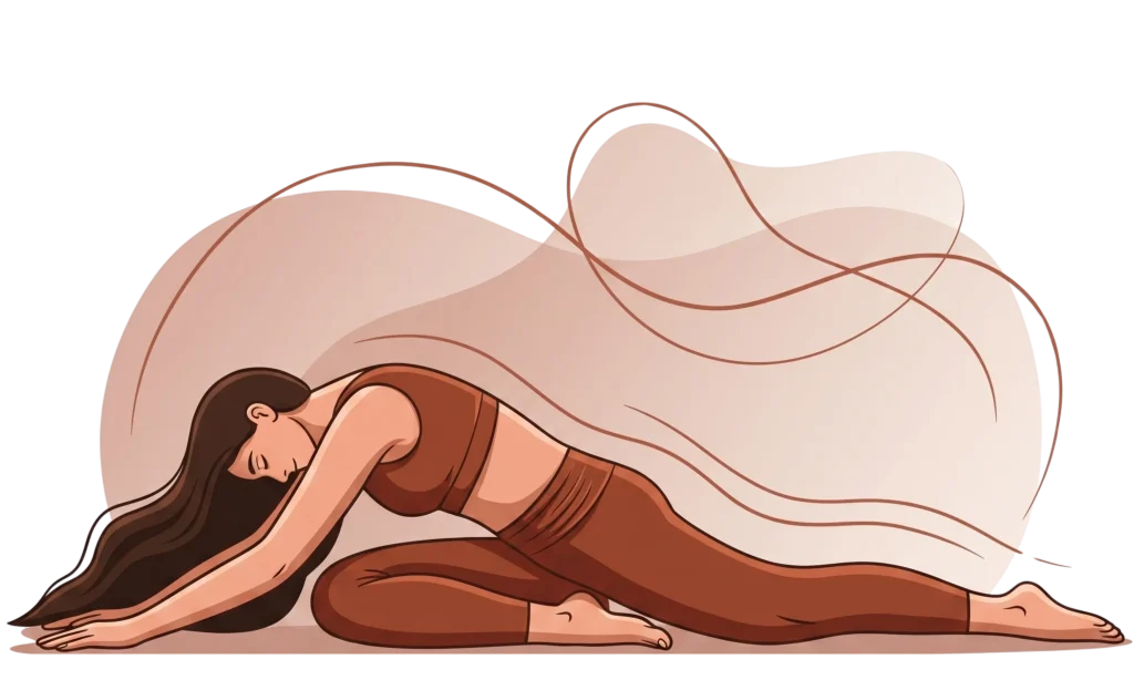Minimalist illustration of a woman in a terracotta yoga set performing a resting swan or sleeping pigeon pose against an abstract, earth-toned background.
