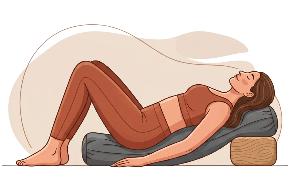 Minimalist illustration of a woman in a terracotta yoga set practicing a restorative reclining pose supported by a bolster and block, set against an abstract earth-toned background.