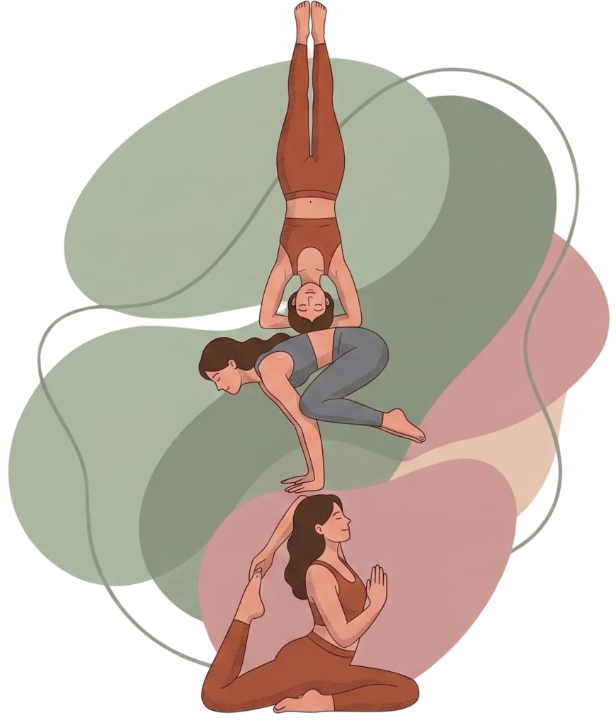Minimalist illustration of three women performing sequential yoga poses vertically stacked, including a headstand, crow pose, and a seated mermaid stretch, against an abstract background of muted green and earth-toned shapes.