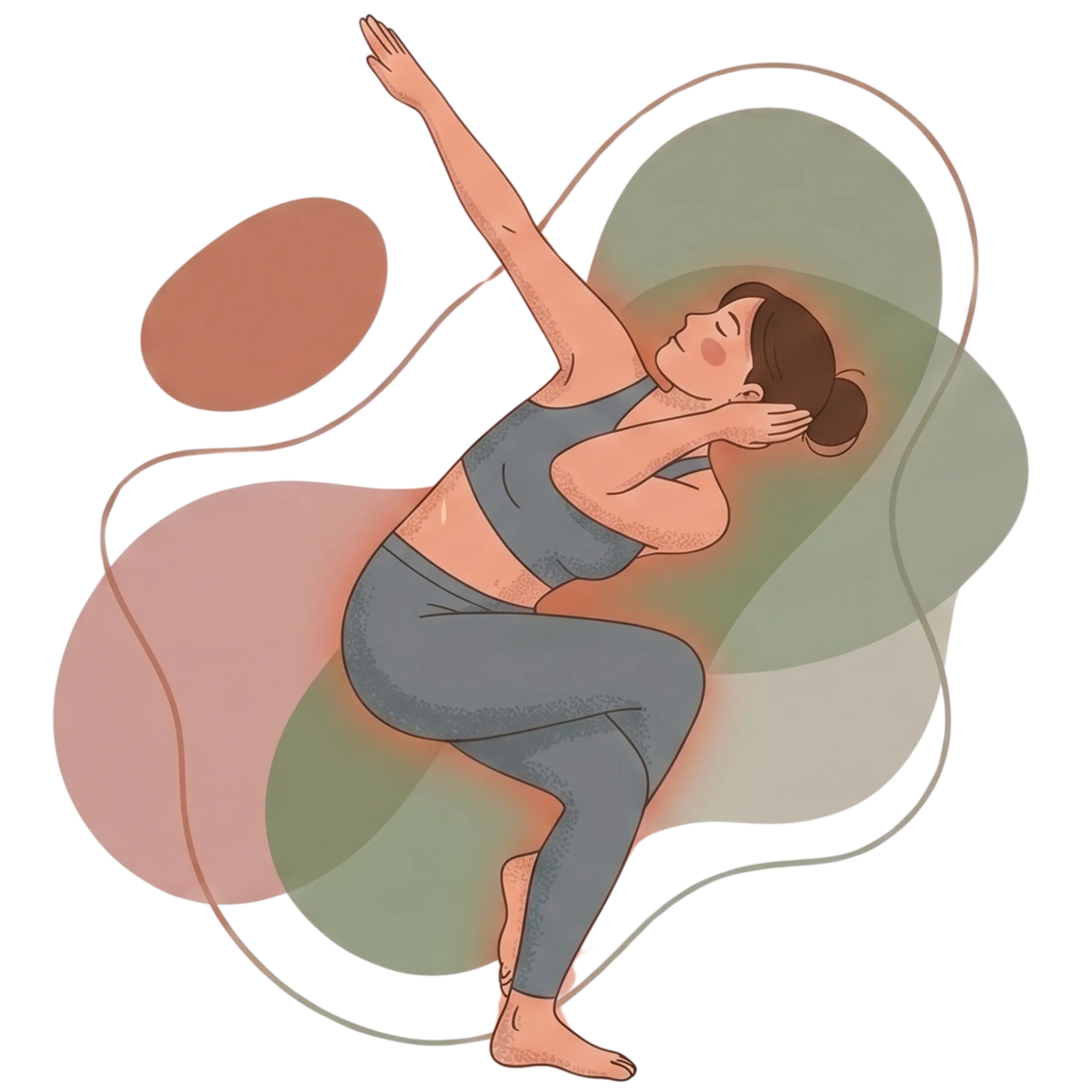 Minimalist illustration of a woman in a grey yoga set practicing Eagle pose (Garudasana) against an abstract background of earth-toned and green shapes.