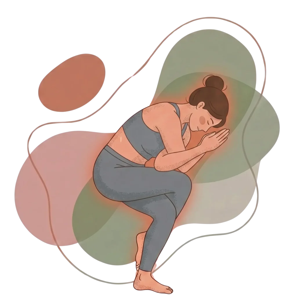 Minimalist illustration of a woman in a grey yoga set practicing a twisted chair pose (Parivrtta Utkatasana) against an abstract background of muted green and earth-toned shapes.