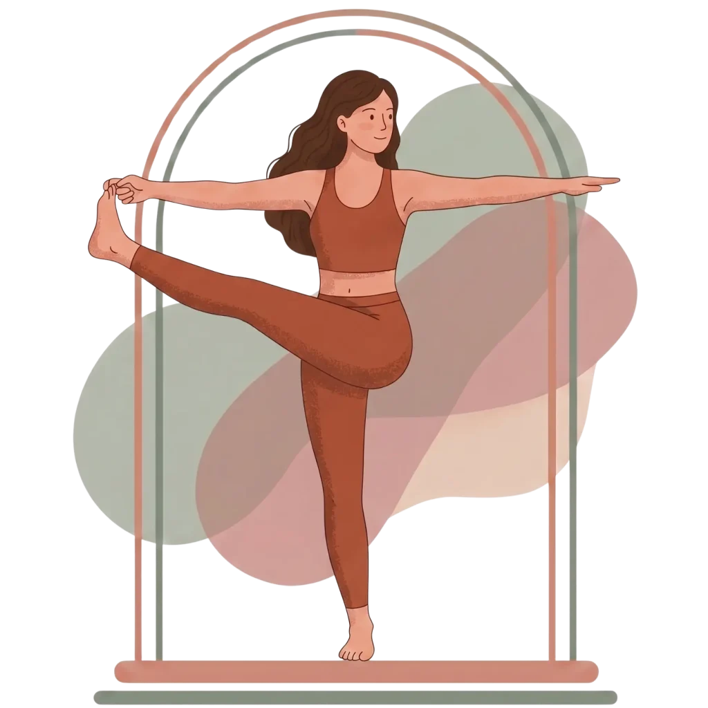Minimalist illustration of a woman in a terracotta yoga set practicing an extended hand-to-big-toe pose (Utthita Hasta Padangusthasana) framed by a double arch, set against an abstract background of muted green and earth-toned shapes.