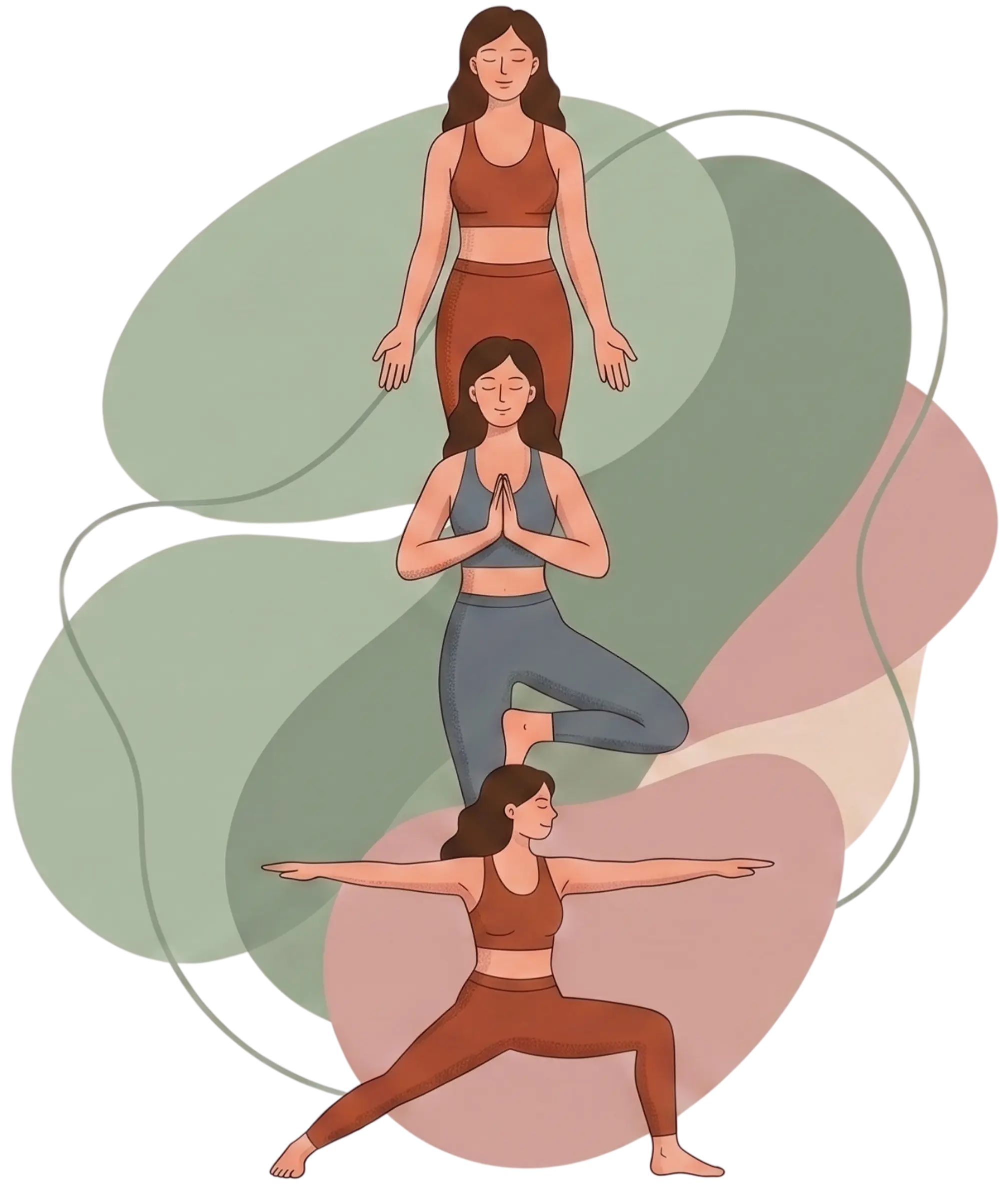High-definition digital art featuring three women performing yoga postures—Mountain pose, Tree pose, and Warrior II—layered against organic, muted green and terracotta shapes.