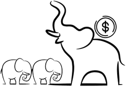 Minimalist black line art illustration of a large elephant with a dollar sign coin on its back and two smaller elephant calves, representing financial planning and family savings.