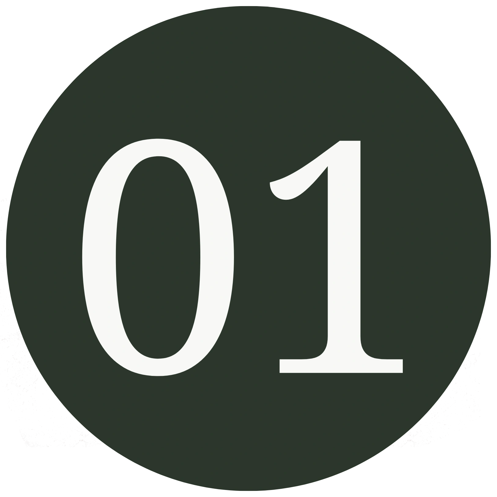 Minimalist line icon of the number "01" in a serif font on a dark circular background, representing a first step, point number one, or sequential order.