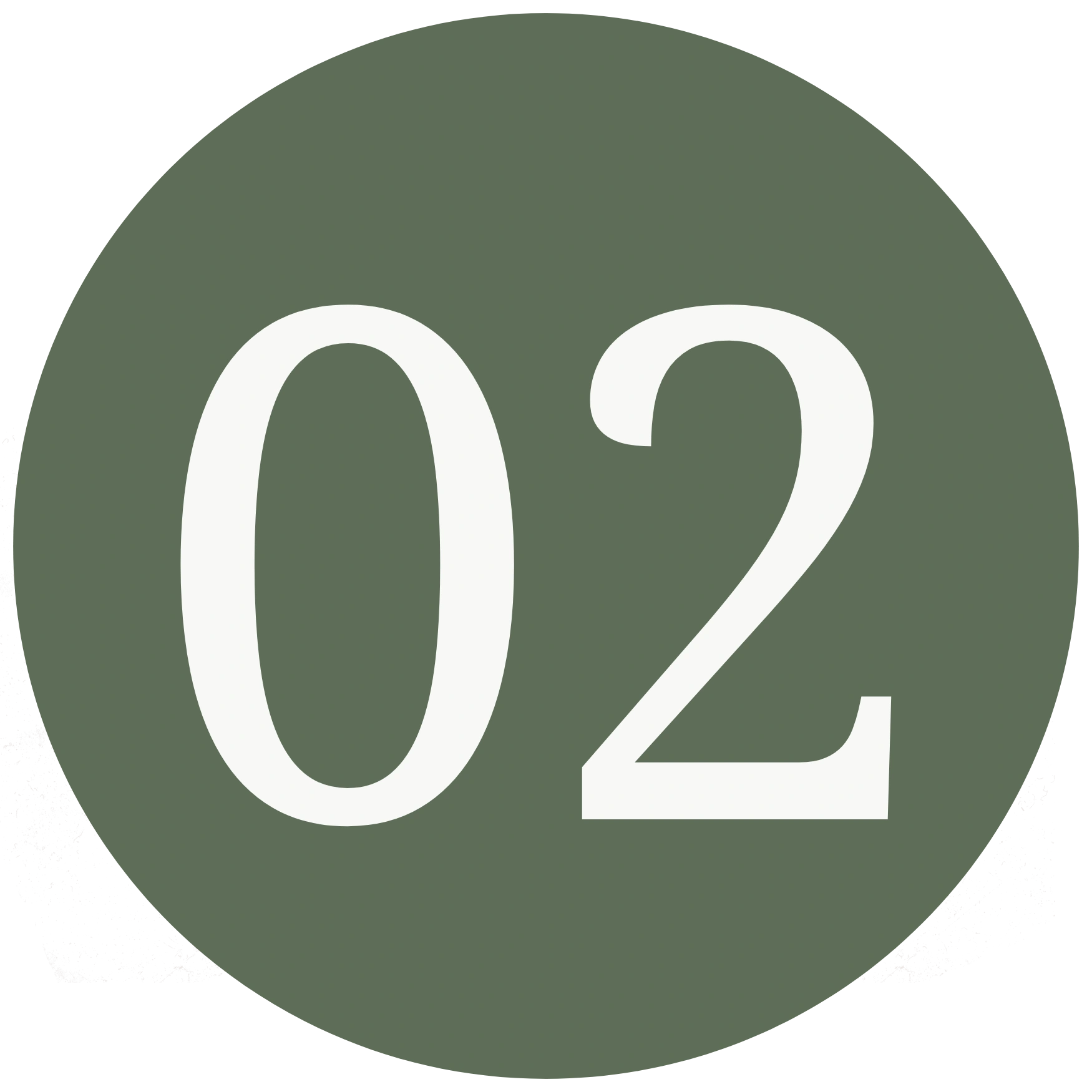 Minimalist line icon of the number "02" in a serif font on a muted green circular background, representing a second step, point number two, or sequential order.