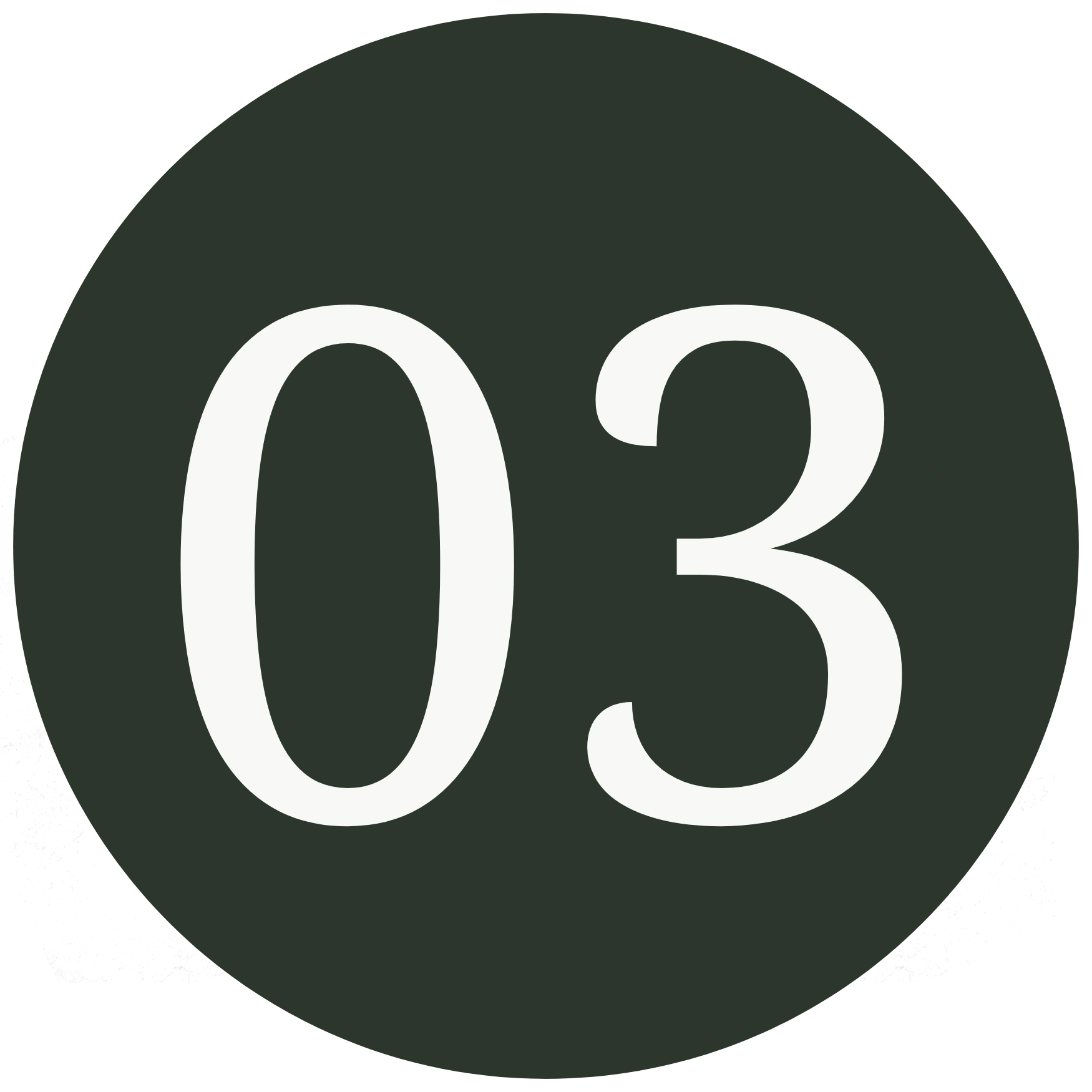 Minimalist line icon of the number "03" in a serif font on a dark circular background, representing a first step, point number one, or sequential order.