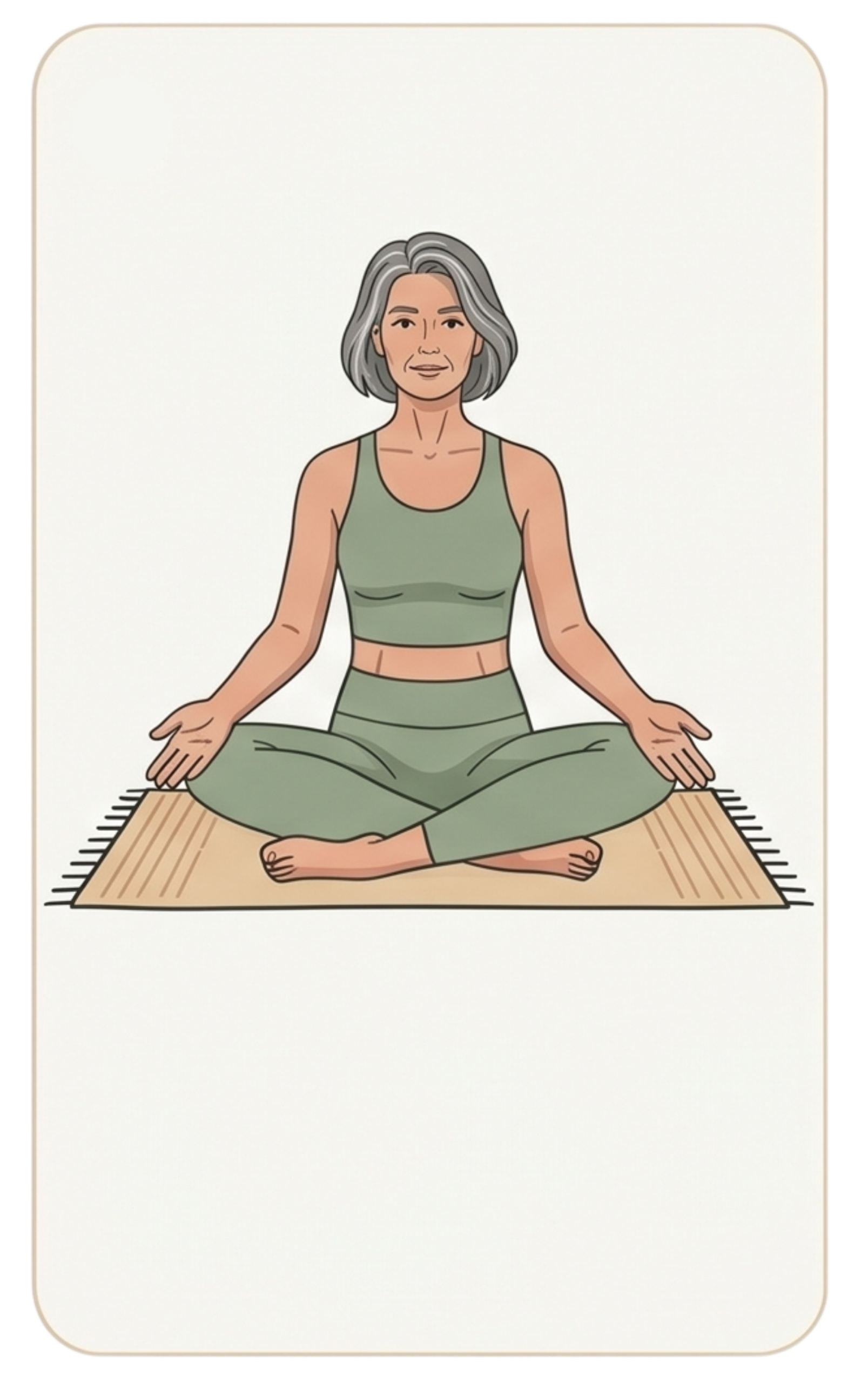 Illustration of a mature woman with gray hair meditating in a seated cross-legged position on a mat.