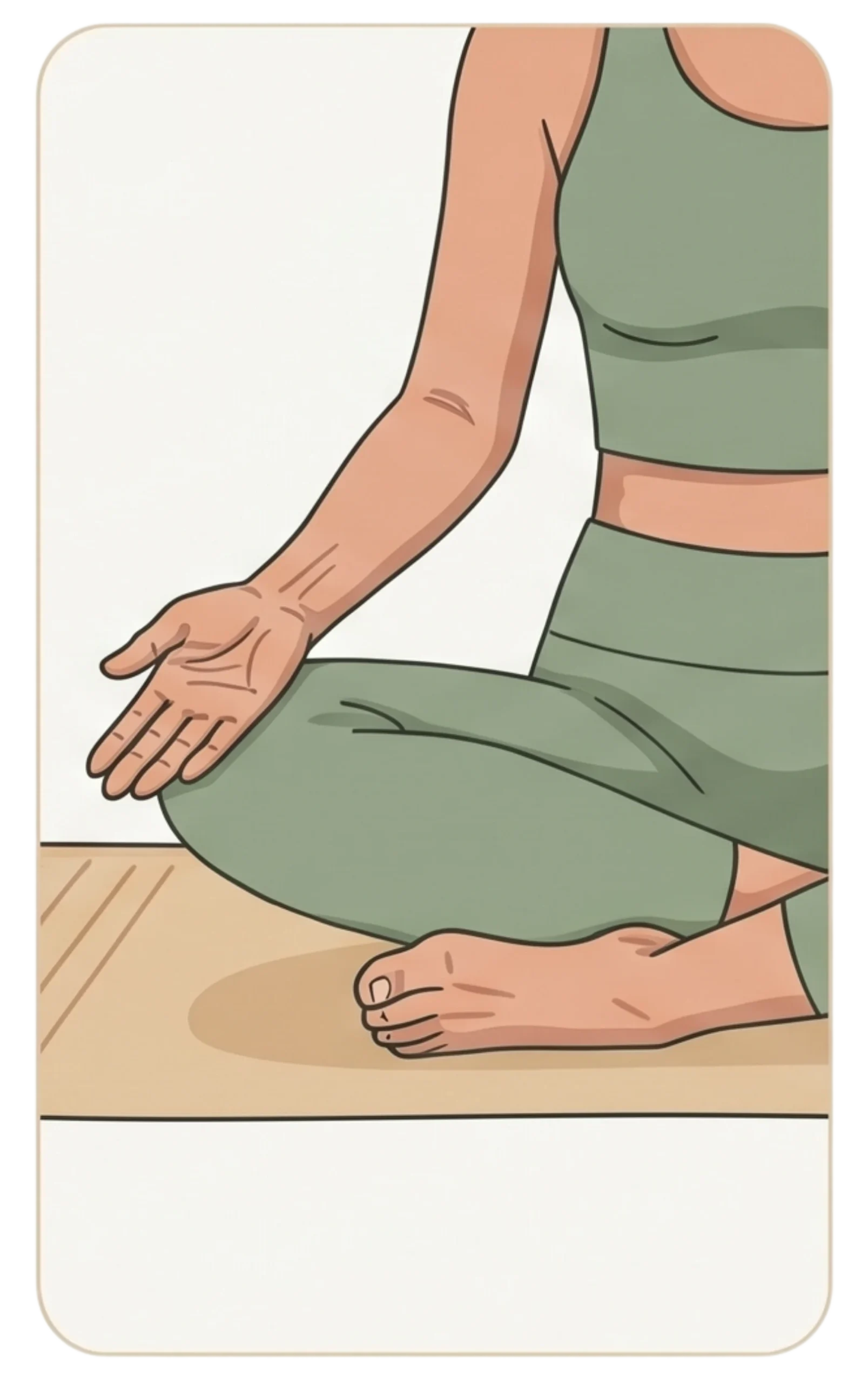 Illustration of a person's hand resting on their knee in a seated meditation pose, focusing on the mudra hand position.