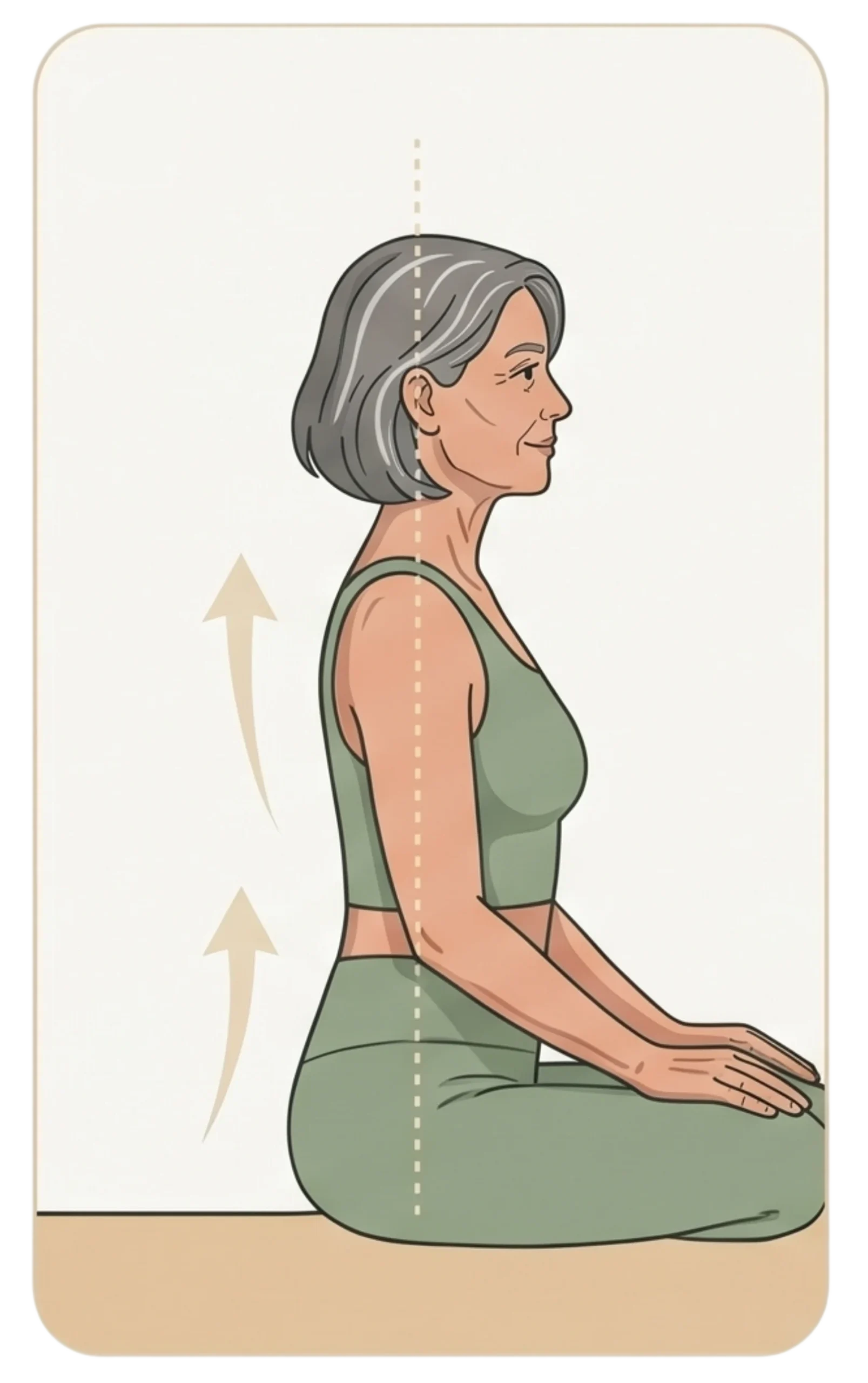 Illustration demonstrating proper meditation posture, showing a woman with straight spine alignment and upward arrows.