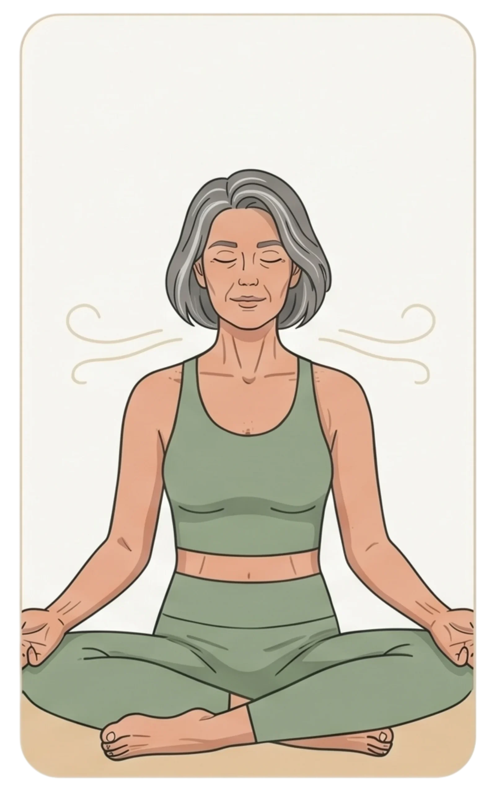 Illustration of a mature woman meditating with eyes closed, demonstrating mindful breathing exercises.