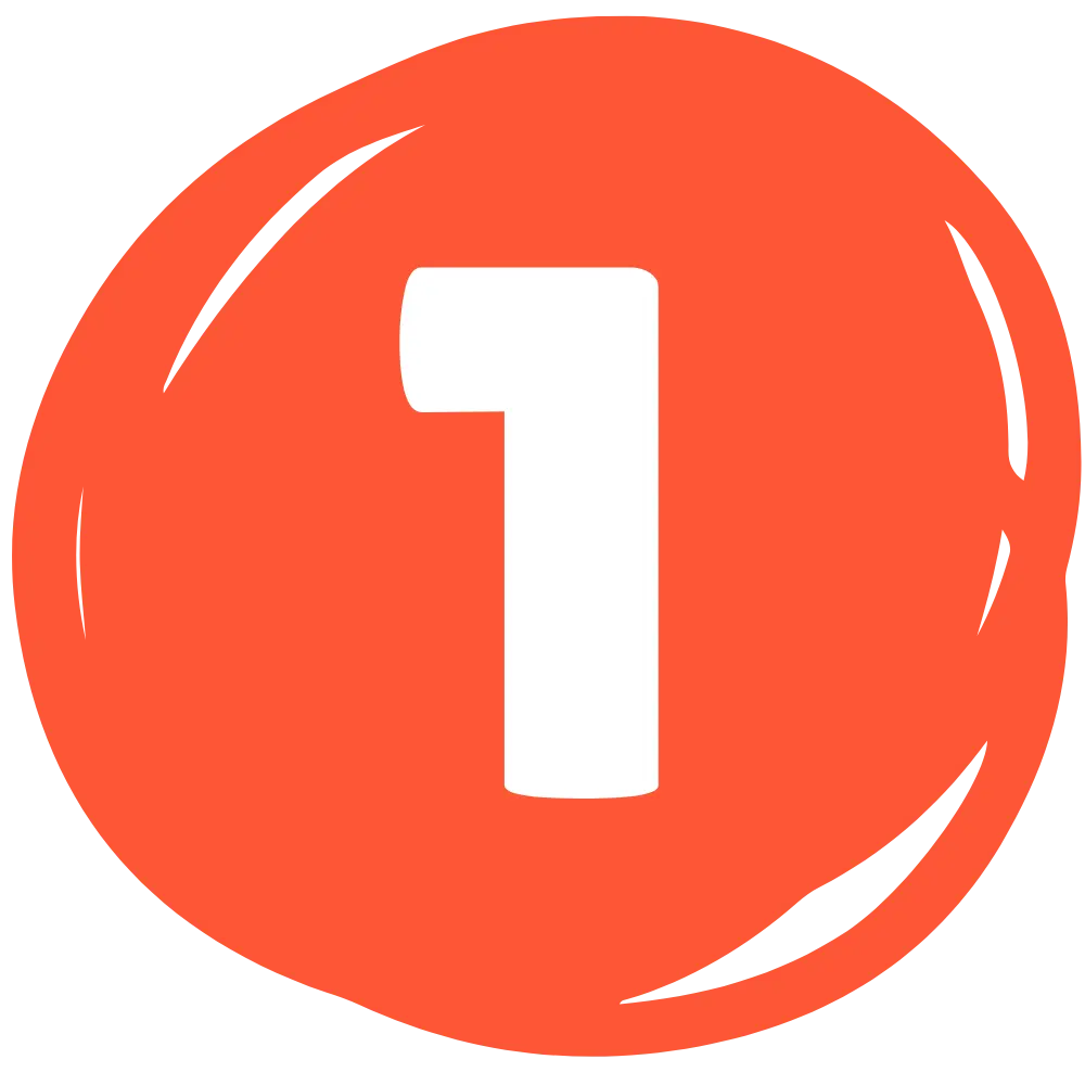 This is a minimalist graphic featuring a bold white numeral "1" centered within a bright orange, slightly irregular circular shape. The circle includes subtle, stylized white brushstroke highlights along its edges to give it a hand-drawn or button-like appearance.
