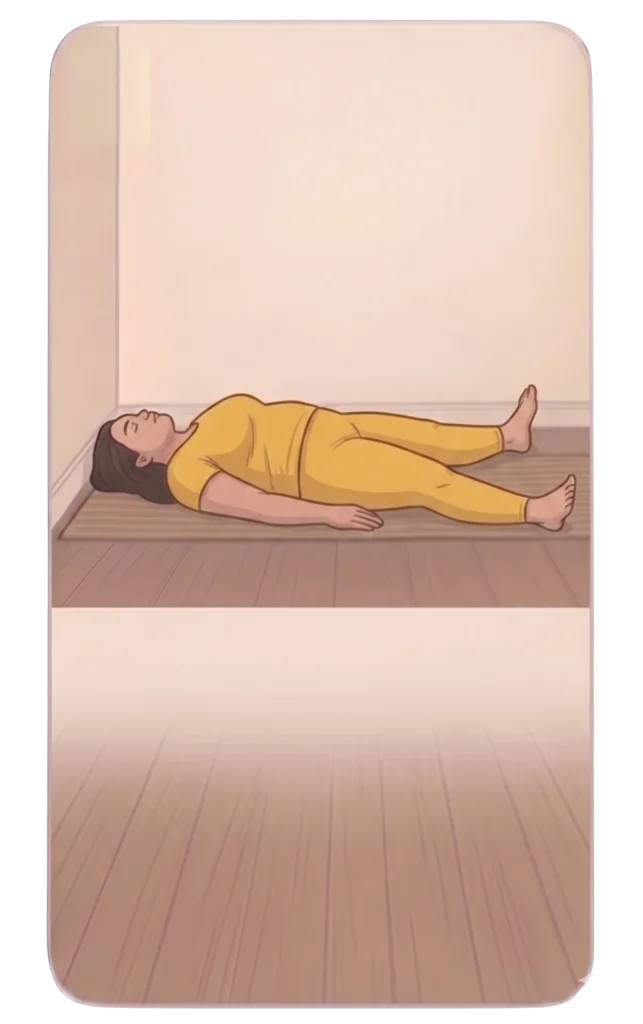 An illustration of a woman relaxing flat on her back on a yoga mat, resting in a neutral corpse pose.