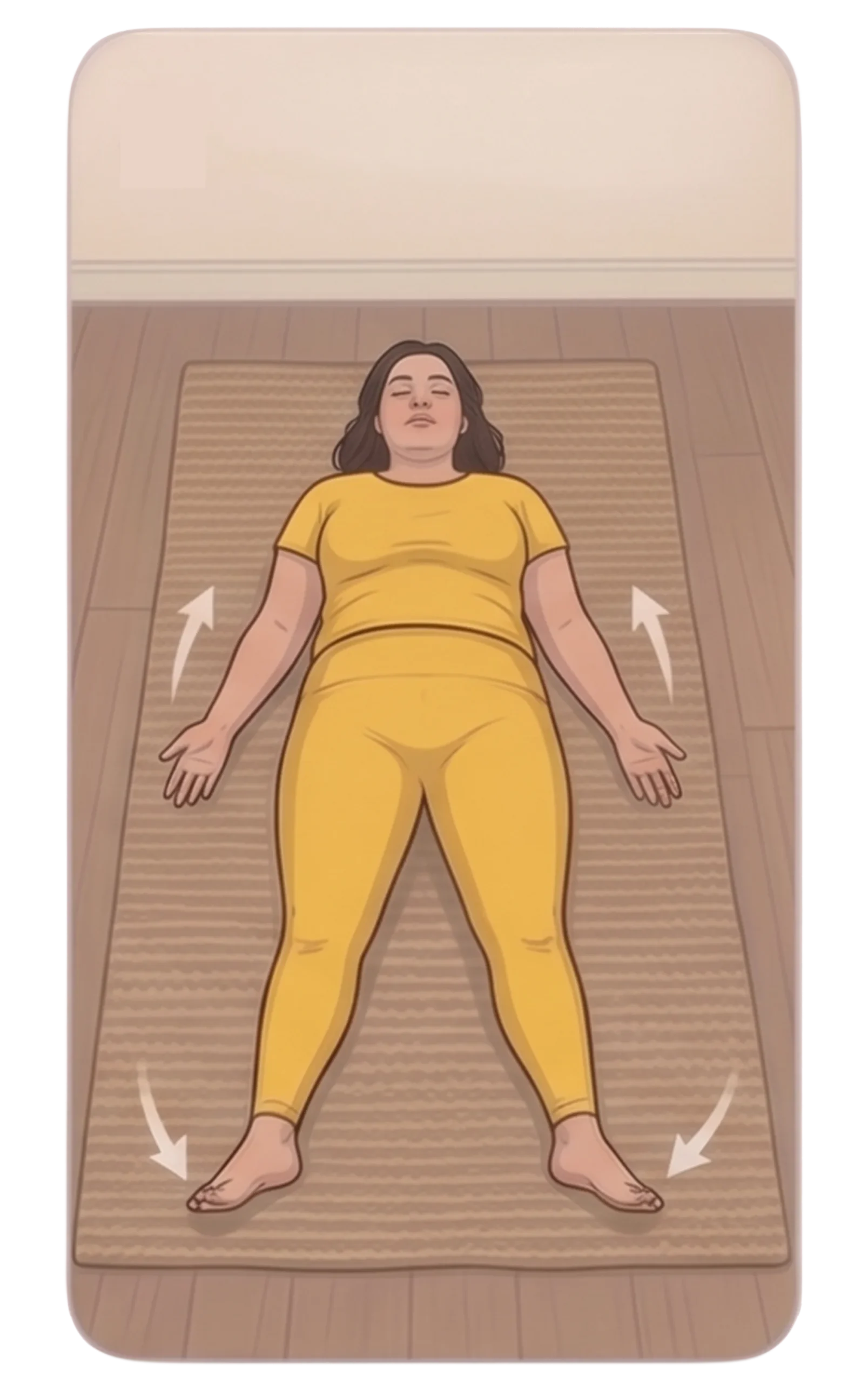 An illustration of a woman relaxing in corpse pose on a yoga mat, with arrows showing her limbs splaying outward.