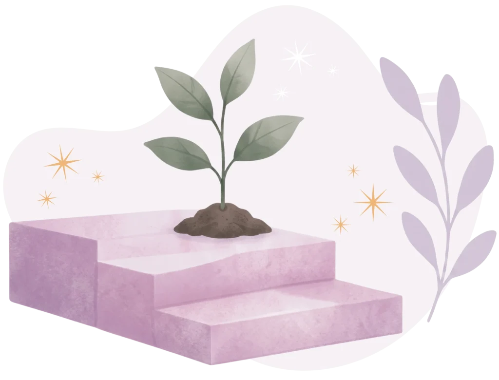 Minimalist watercolor illustration of a small green plant growing from soil atop a set of purple steps, on a black background.