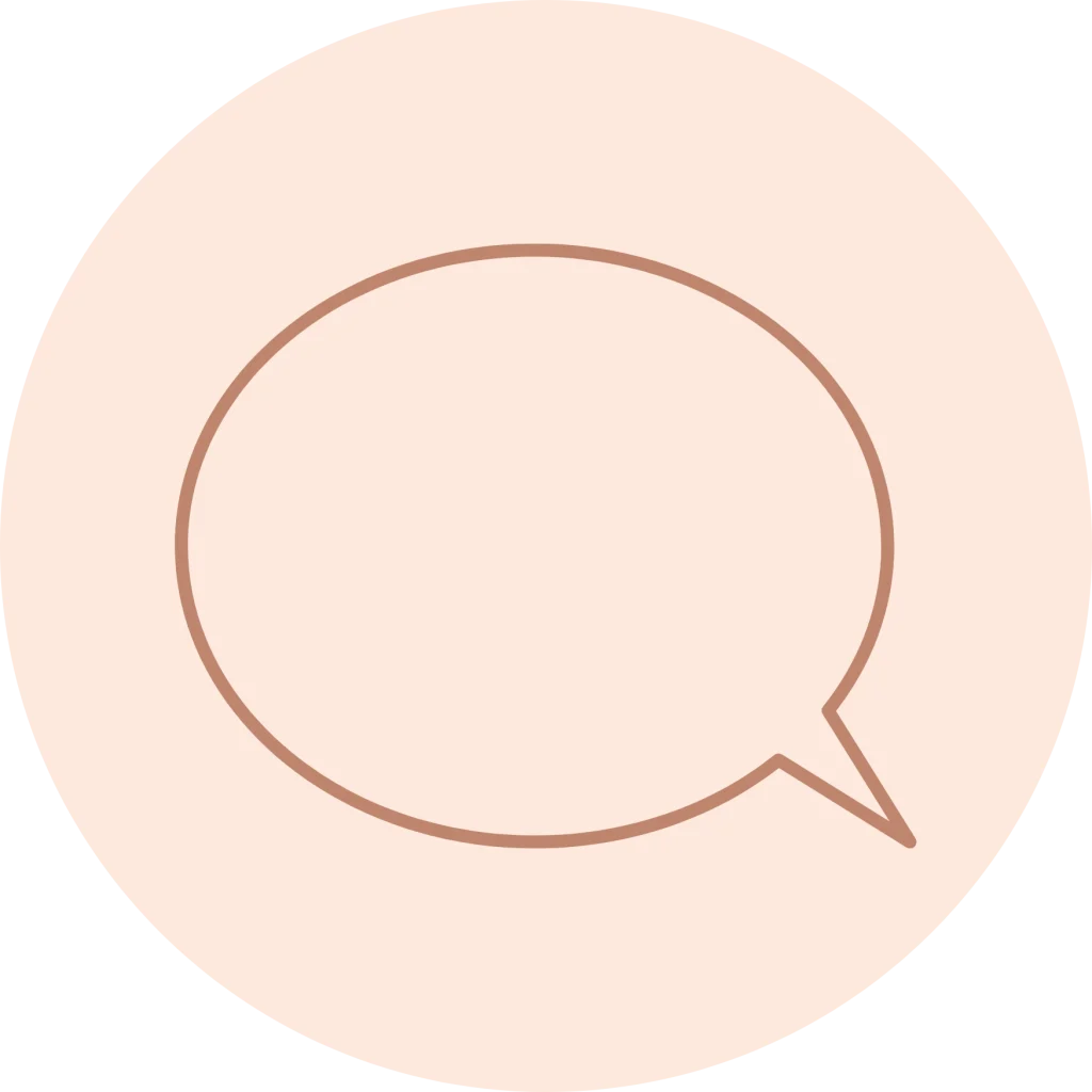 Minimalist line icon of a speech bubble inside a circle, in a muted rose outline on a pale peach background.