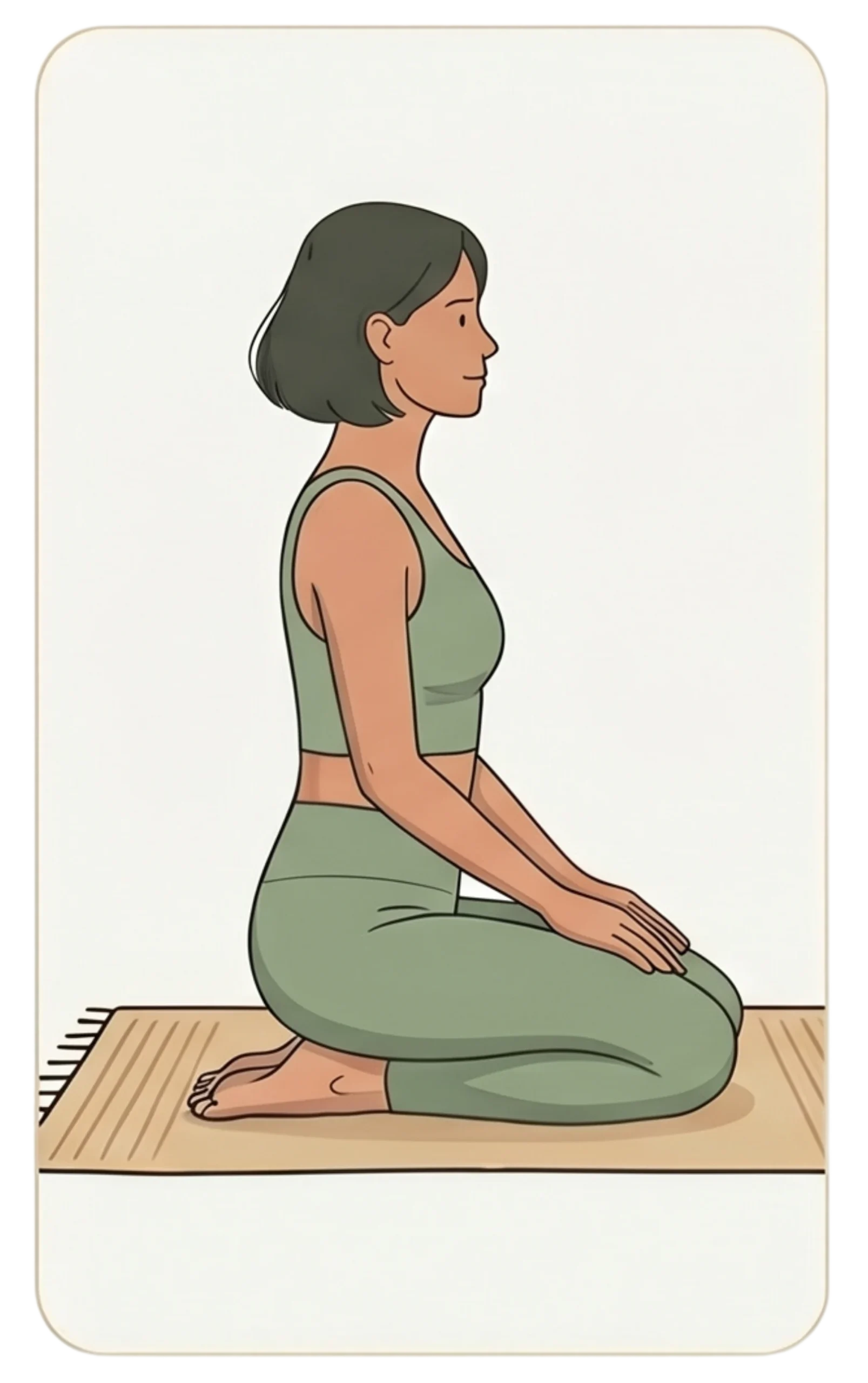 Illustration of a woman with dark hair kneeling on a mat in the Vajrasana or thunderbolt yoga poses.