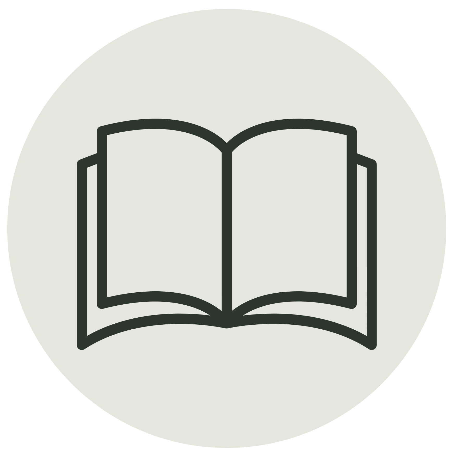 Minimalist line icon of an open book on a light grey circular background, representing reading, continuous learning, and educational resources.