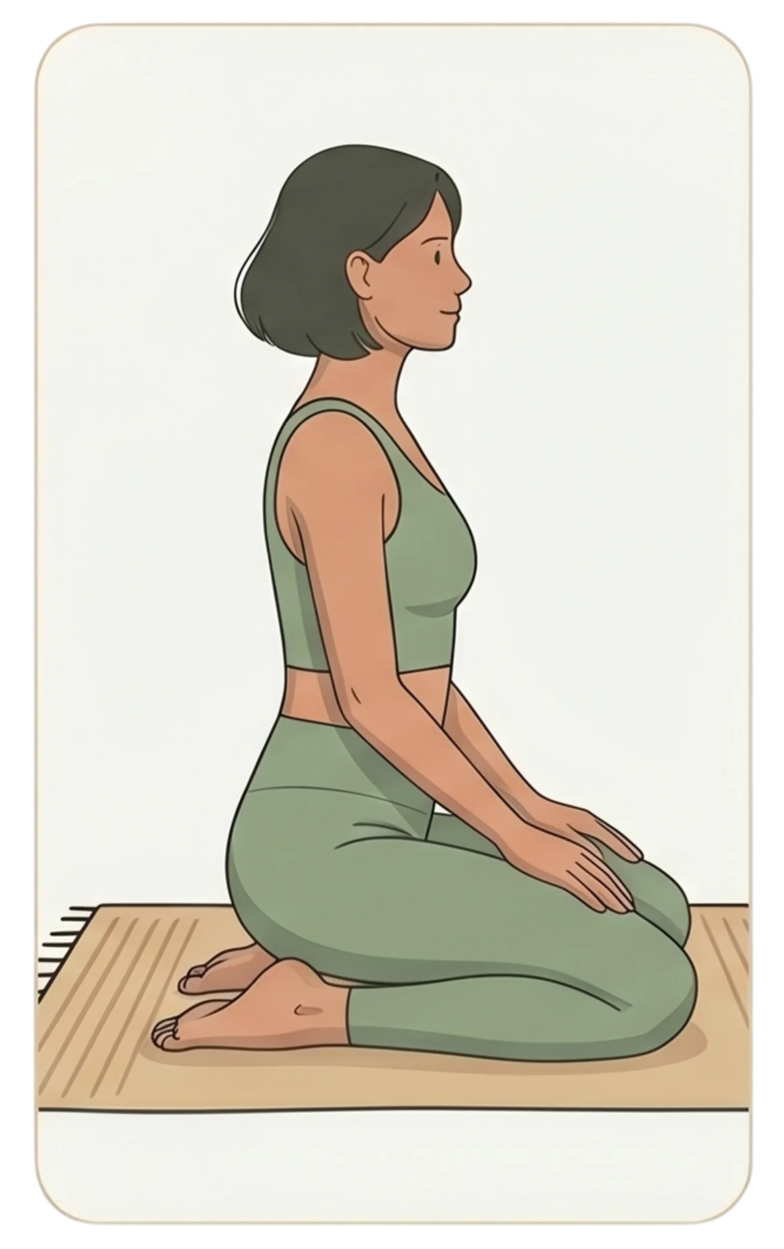 Side view illustration of a woman sitting on her heels in a kneeling meditation position on a mat.