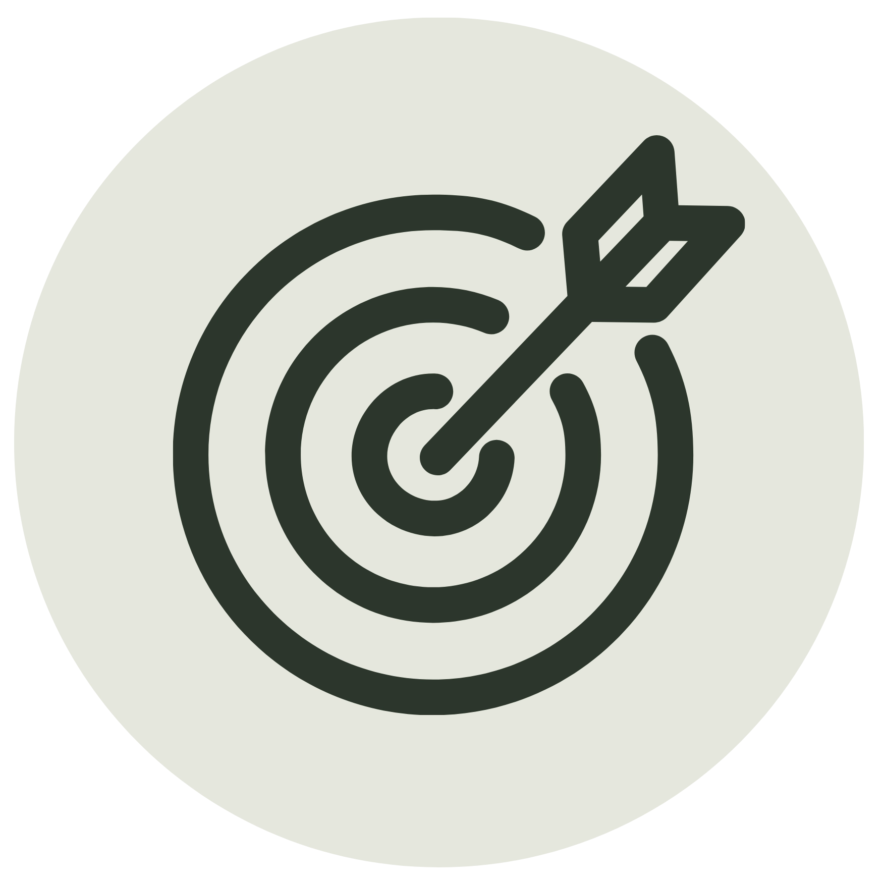 Minimalist line icon of an arrow hitting the center of a target on a light grey circular background, representing goal setting, focus, and hitting targets or objectives.