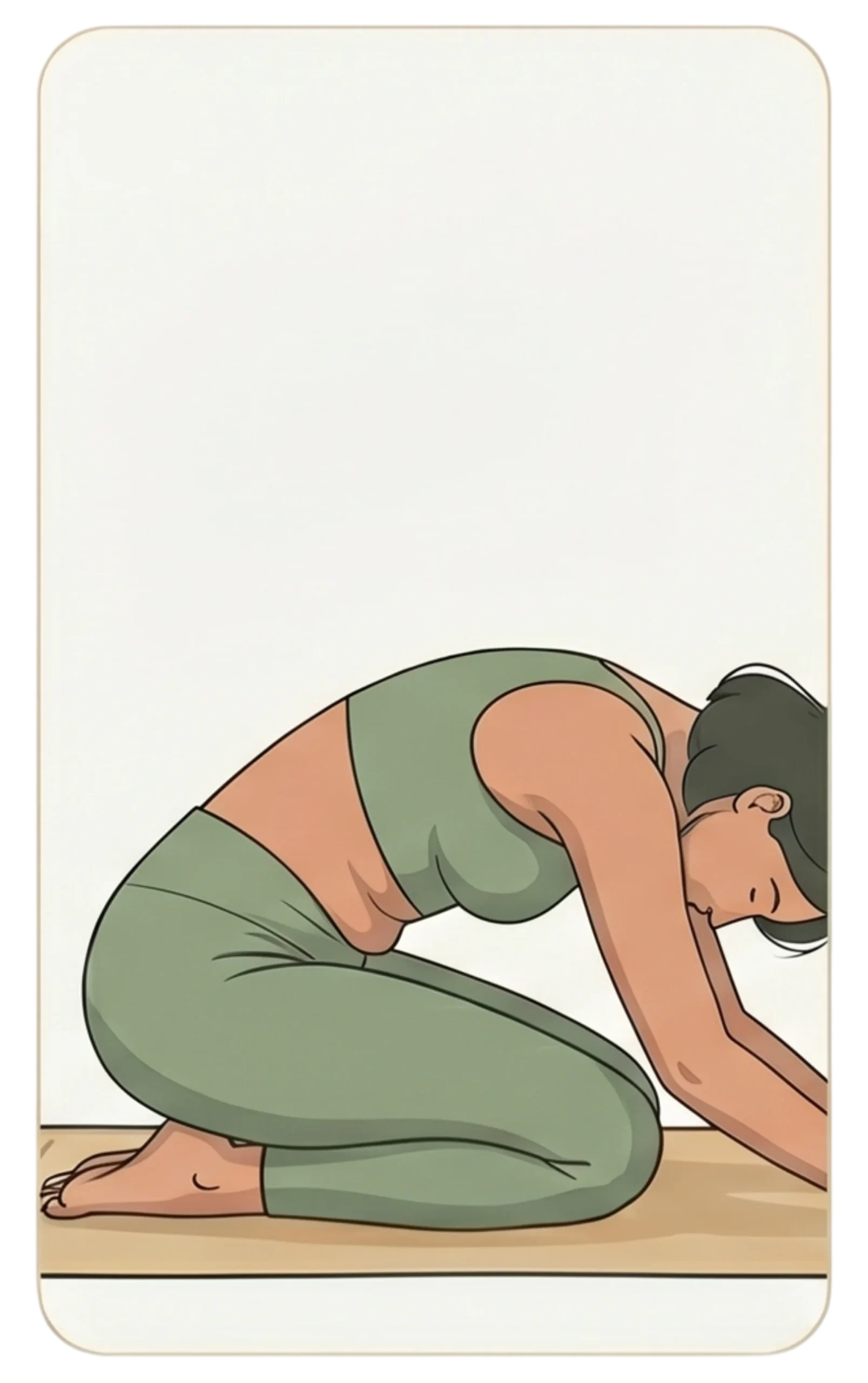 Illustration of a woman with dark hair stretching forward from a kneeling position in child's pose on a yoga mat.