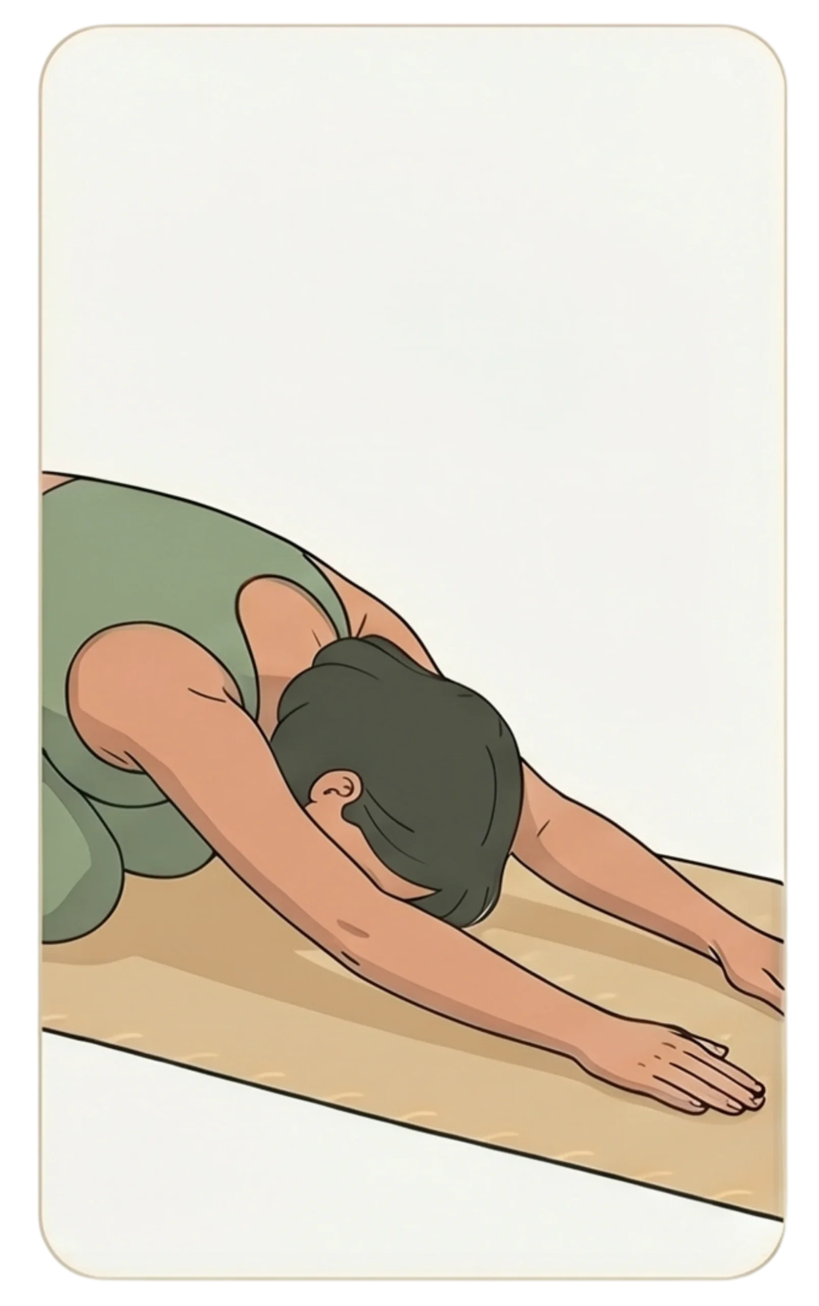 Illustration of a woman with dark hair stretching her arms forward in Balasana or child's pose on a yoga mat.