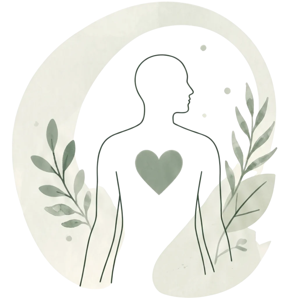 Minimalist illustration of a person's silhouette with a green heart in the center, surrounded by leaves, showing that mental health matters.
