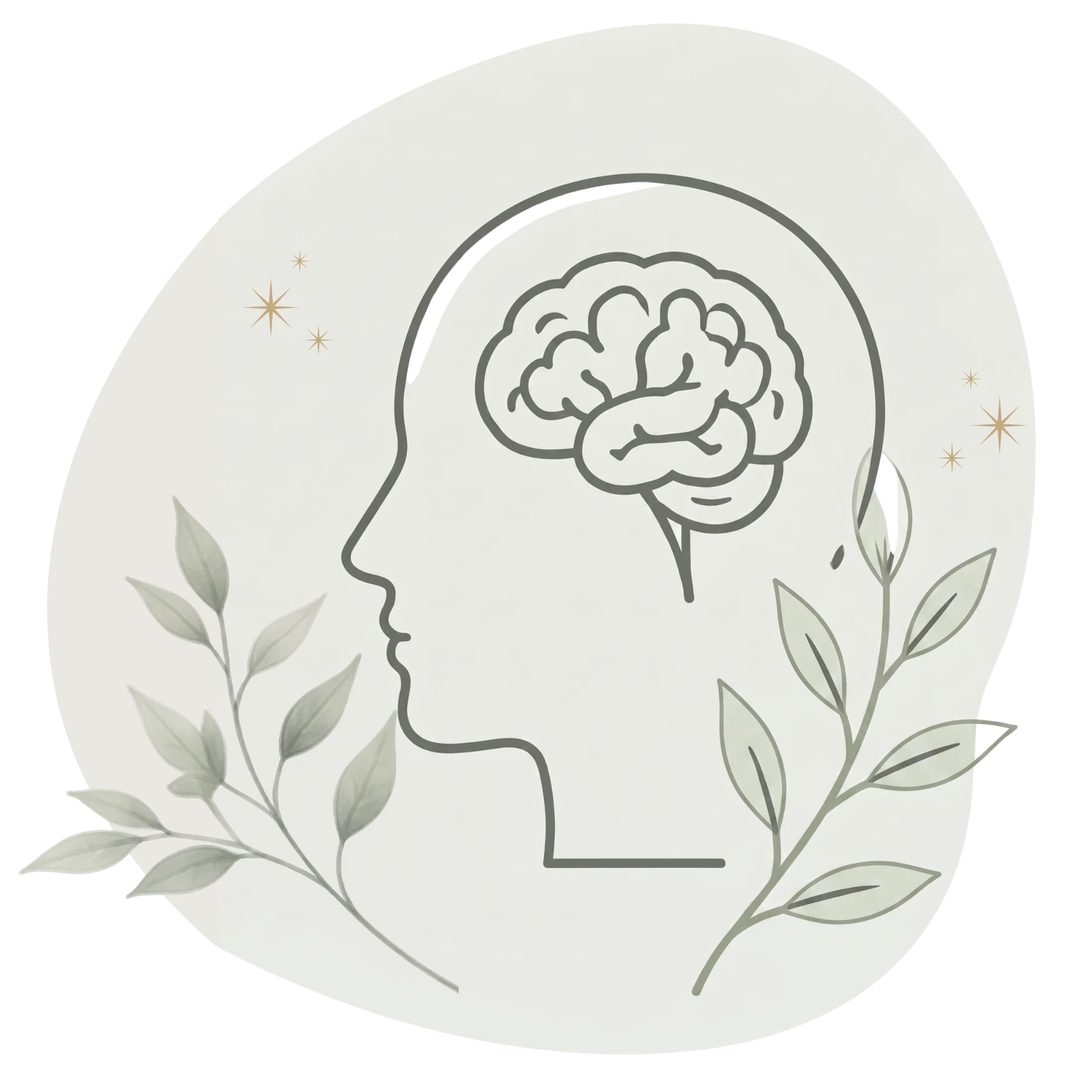 Minimalist line icon of a human head profile with a brain, surrounded by soft green leaves and gold stars on an organic shape background, representing an online mental health class.
