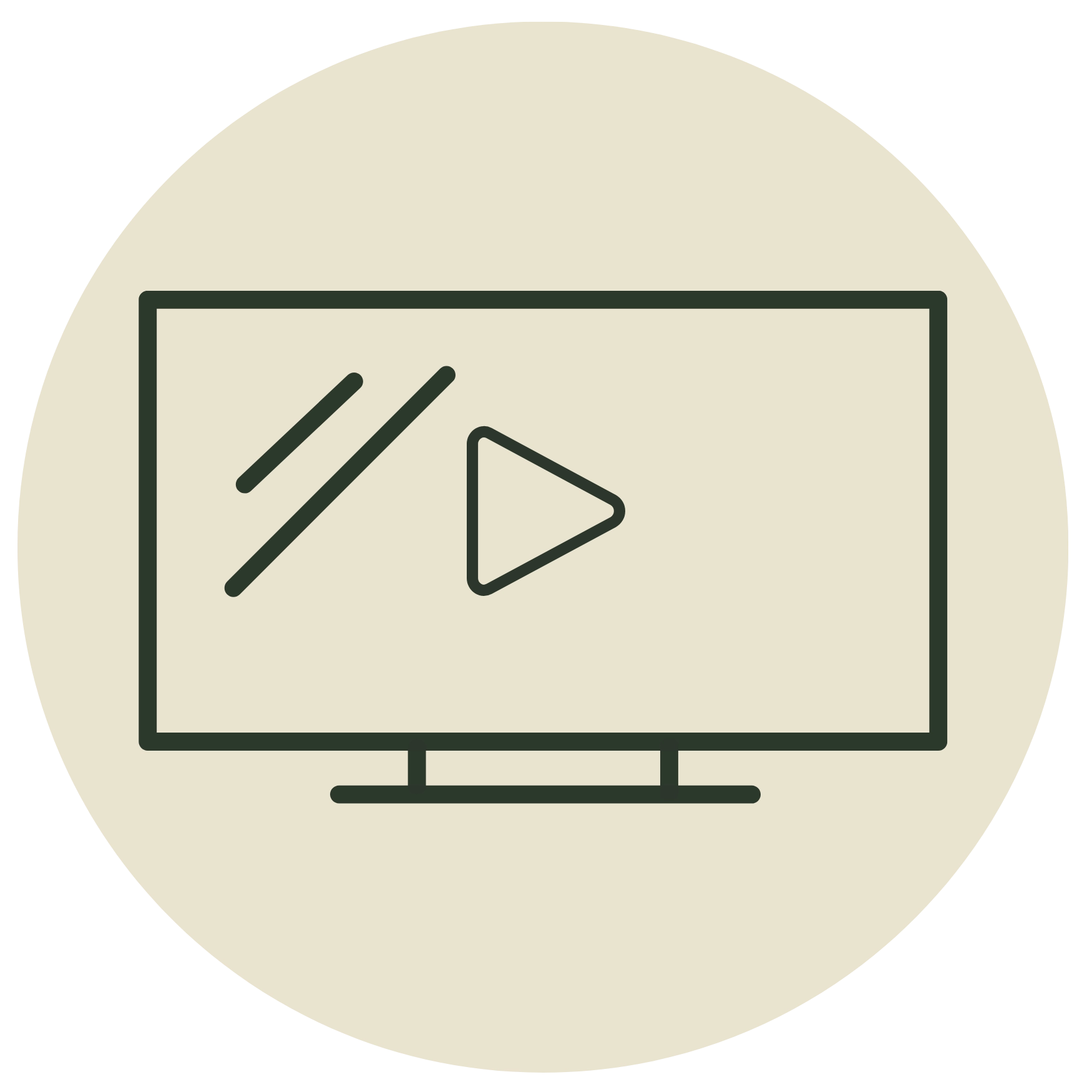 Minimalist line icon of a TV monitor with a play button on a beige circle, representing online tutorials or video media.