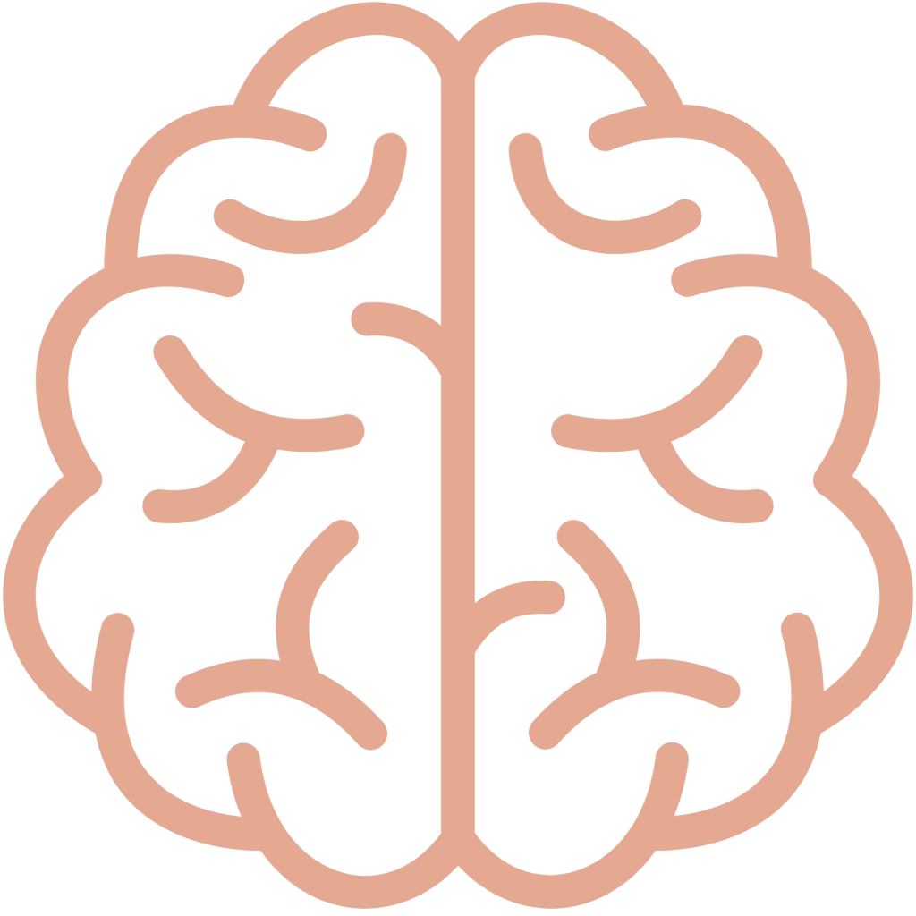 Minimalist line icon of a human brain viewed from above, rendered in a soft peach outline against a solid black background.