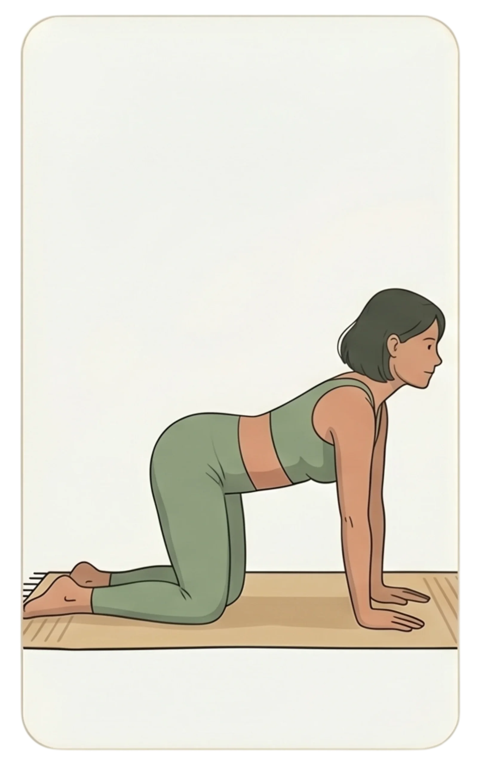 Illustration of a woman on all fours doing the cow pose yoga stretch with a dipped back on a mat.