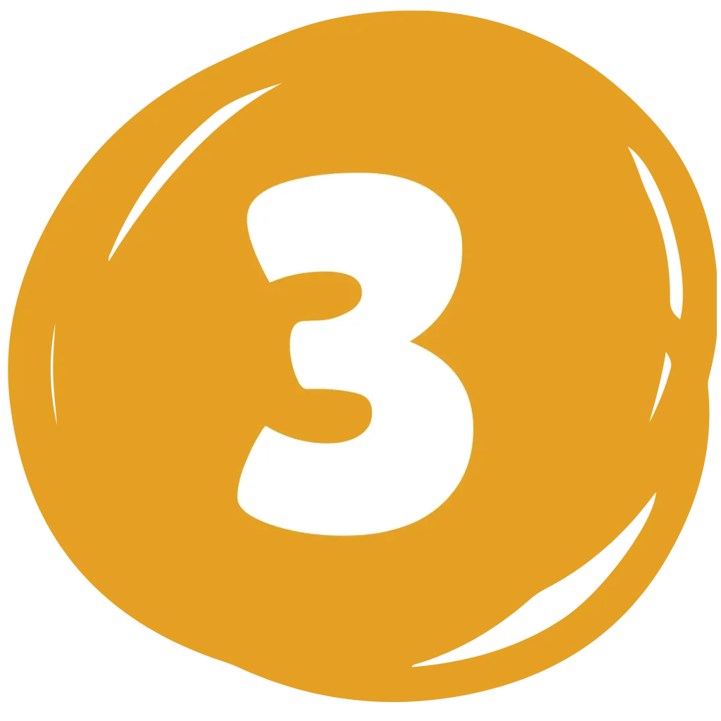 This is a minimalist graphic featuring a bold white numeral "3" centered within a bright yellow orange, slightly irregular circular shape. The circle includes subtle, stylized white brushstroke highlights along its edges to give it a hand-drawn or button-like appearance.