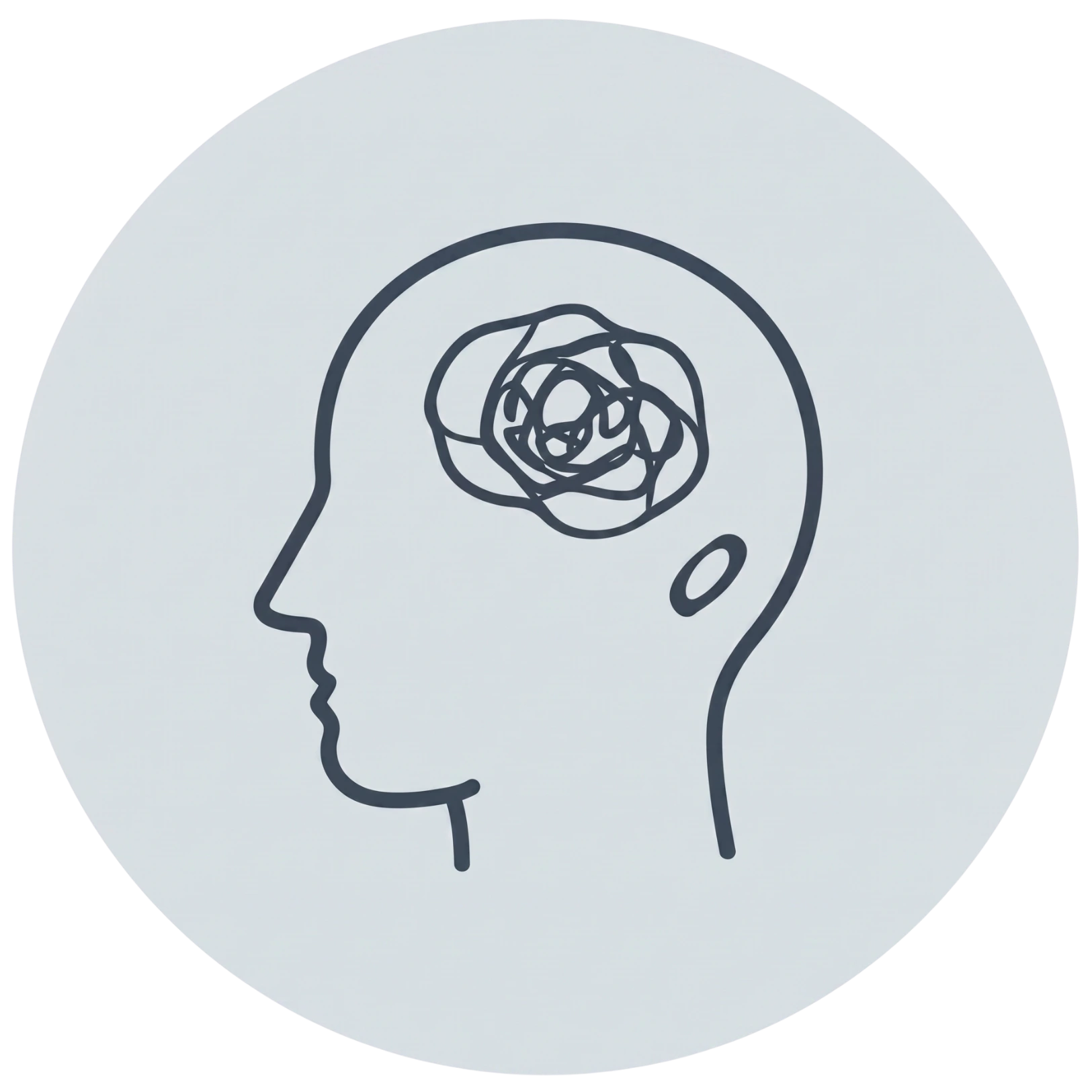 Line art profile of a head with a tangled scribble inside the brain, illustrating anxiety and mental health struggles.