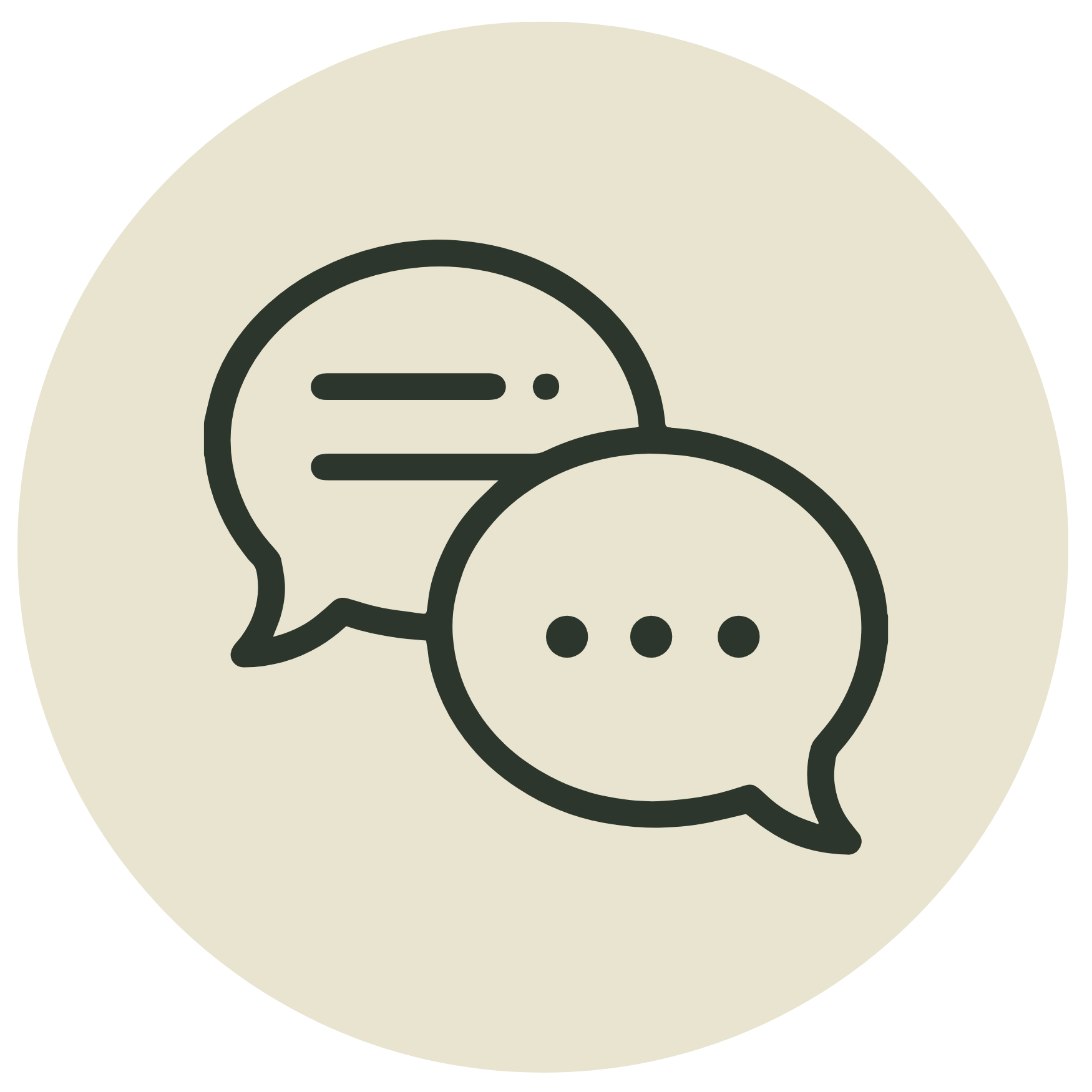Minimalist line icon of two speech bubbles on a beige circle background, representing conversation, discussion, or support.