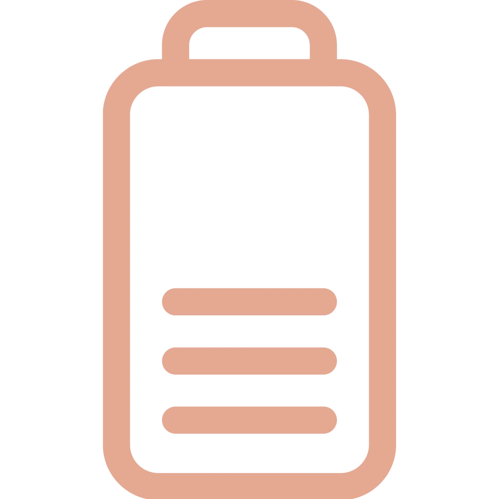 Minimalist line icon of a battery symbol with three low-level charge bars, rendered in a soft peach outline against a solid white background.