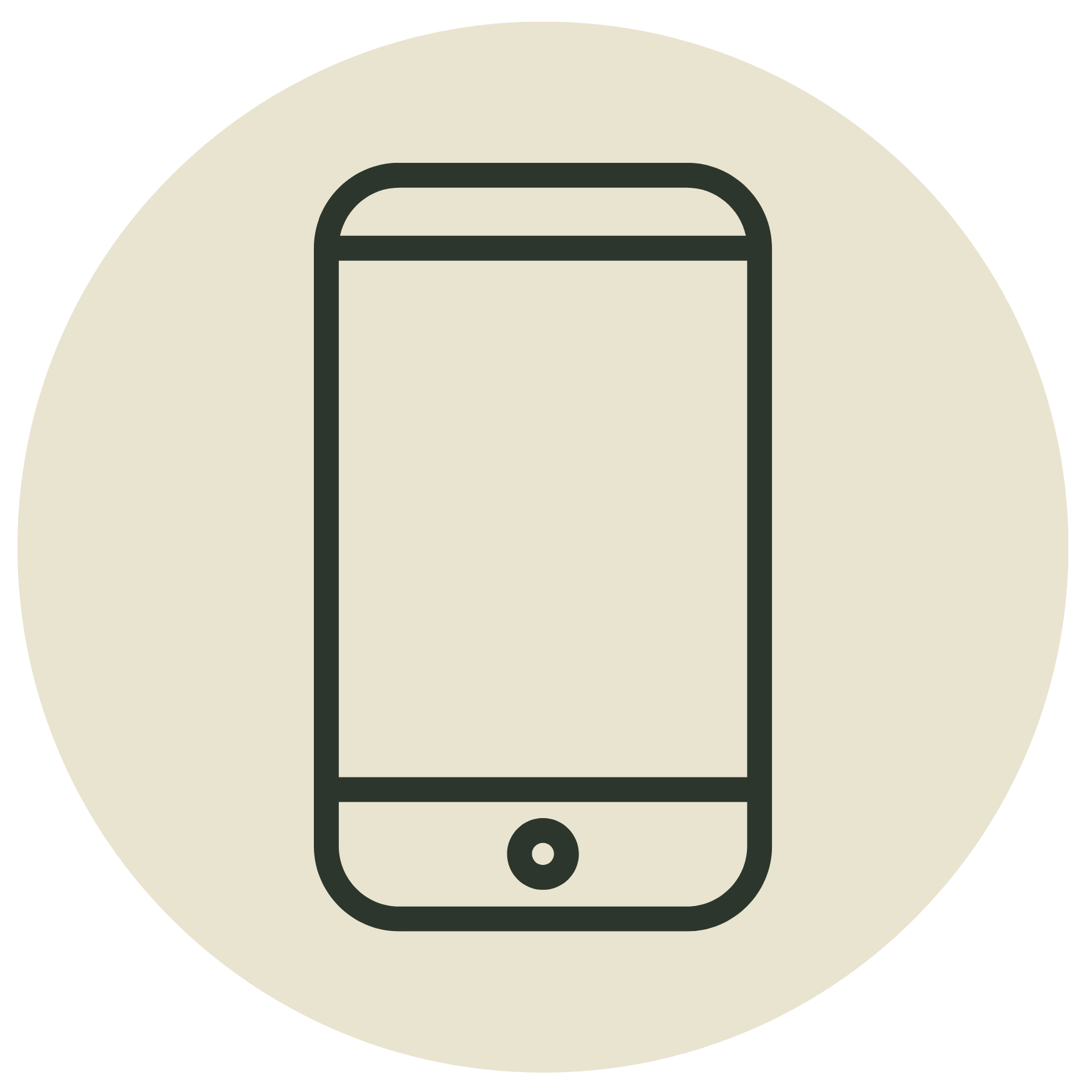 Minimalist line icon of a smartphone on a beige circle background, representing mobile apps or digital communication.