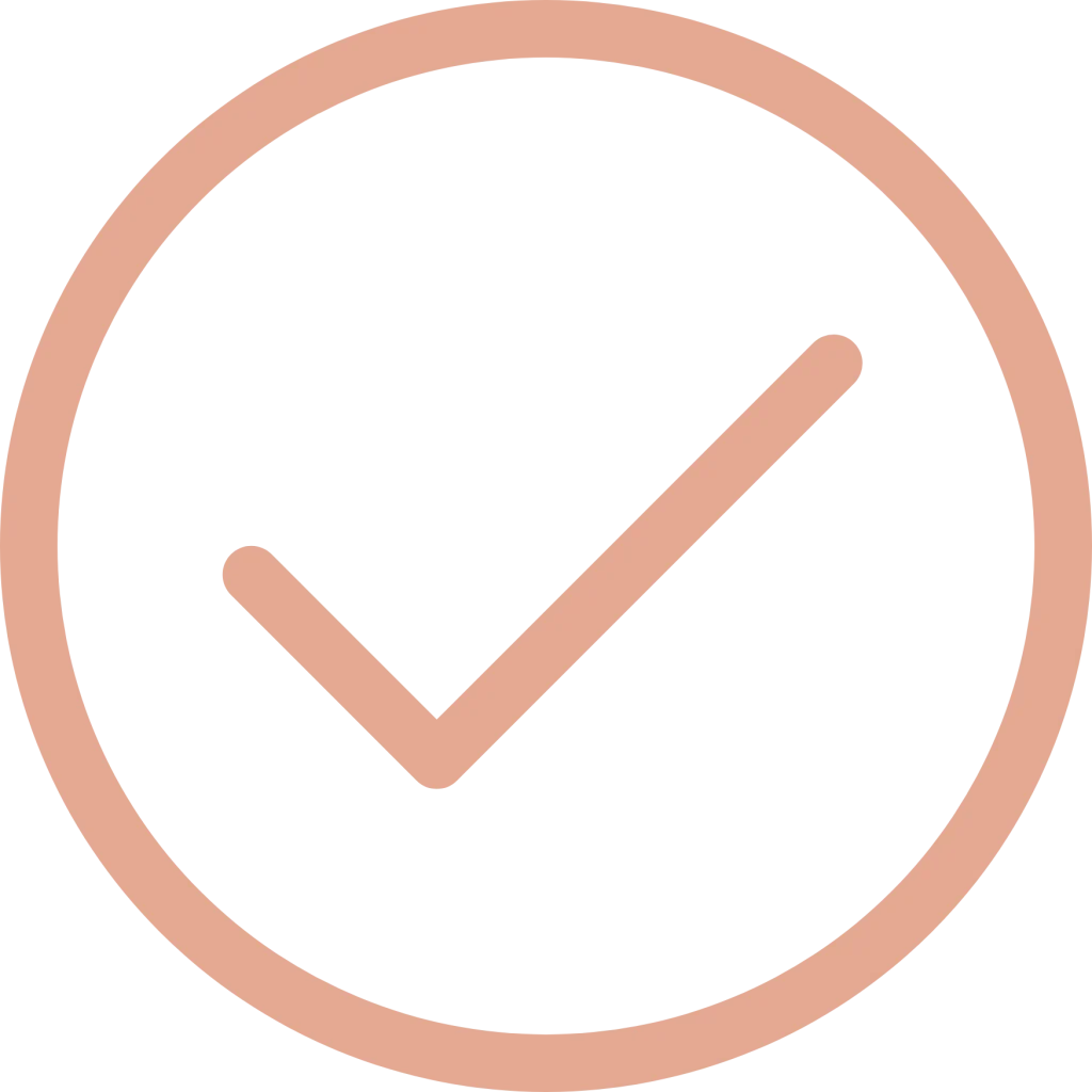 Minimalist line icon of a checkmark inside a circle, rendered in a soft peach outline against a solid white background.