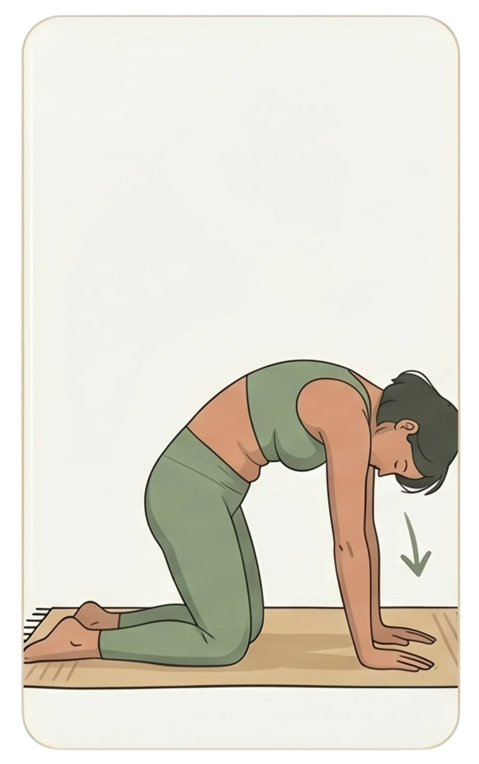 Illustration of a woman arching her back upward in a cat pose yoga stretch with a downward arrow near her head.
