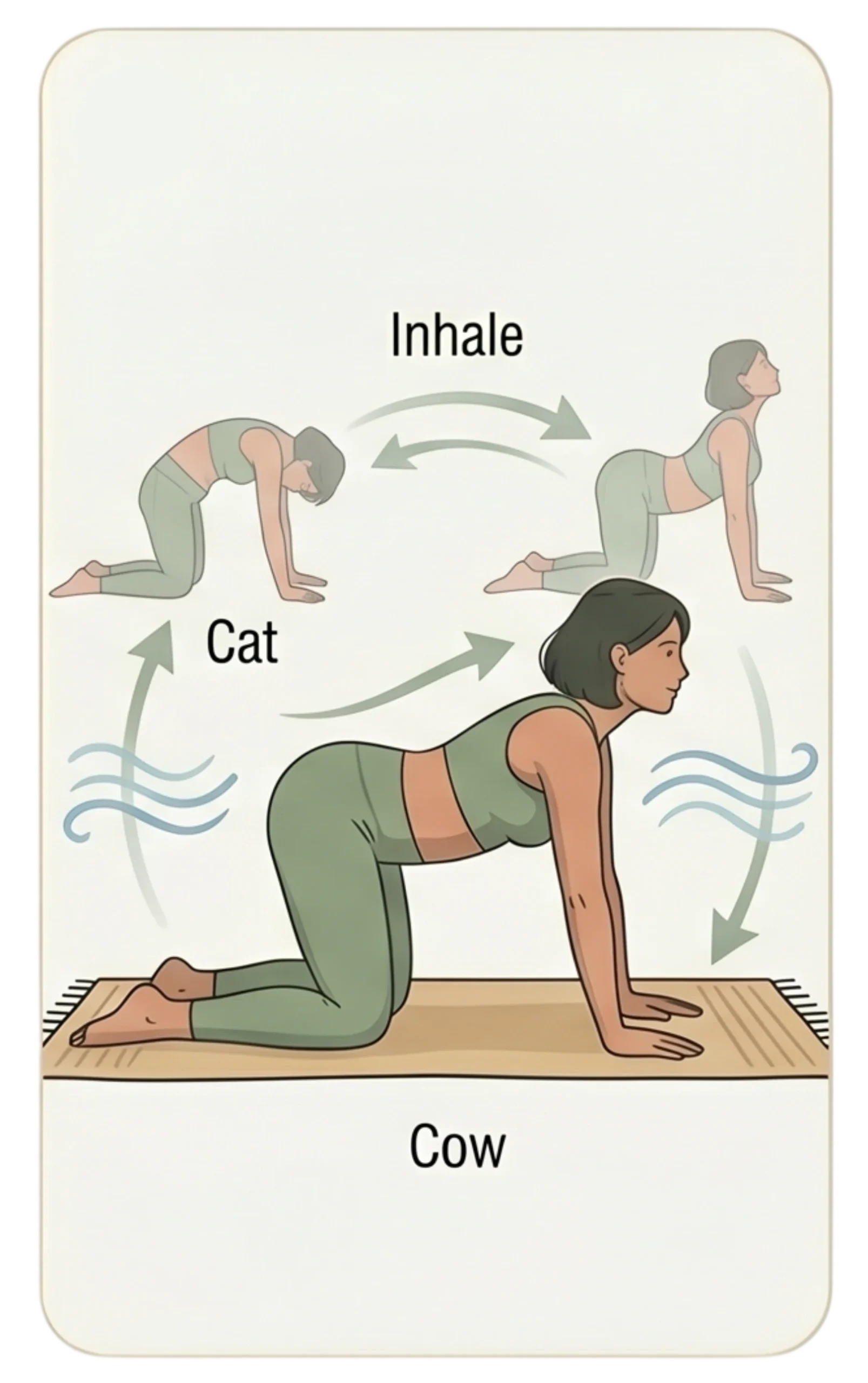 Yoga diagram illustrating the dynamic flow between Cat pose and Cow pose with inhale breathing instructions.