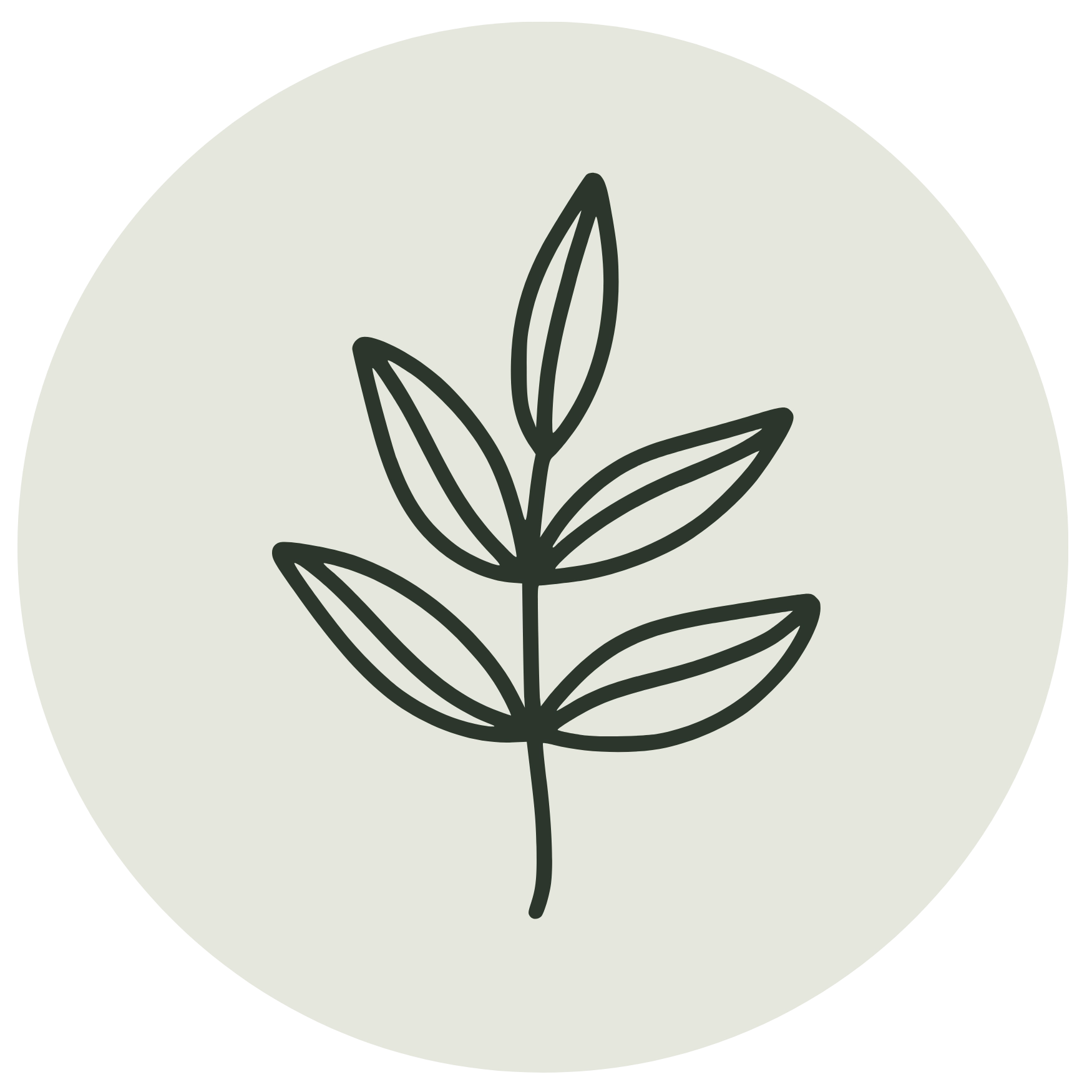 Minimalist line icon of a small leafy branch on a light grey circle, representing growth, wellness, or nature.