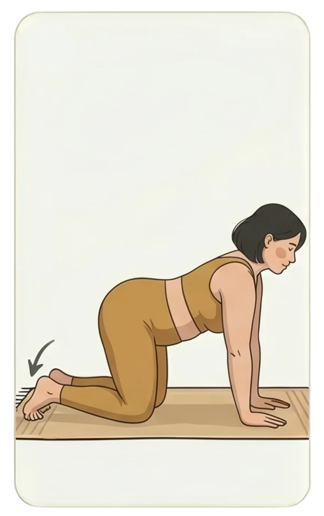 Illustration of a woman on all fours in table top pose with tucked toes, indicated by a downward arrow at the feet.
